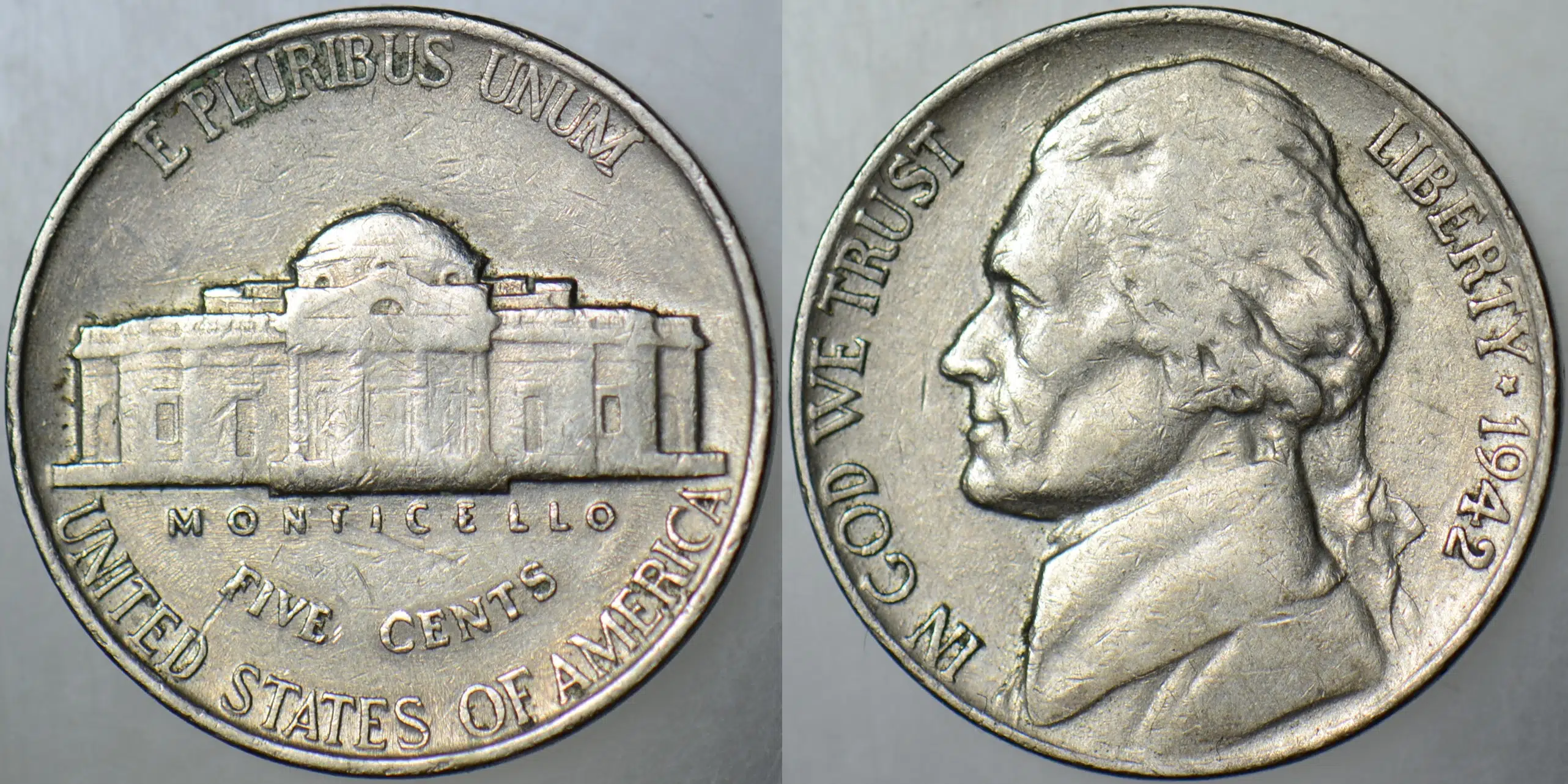 AMERİKA 5 CENT 1942 JEFFERSON NICKEL. İKİNCİ DÜNYA SAVAŞI DÖNEMİ.