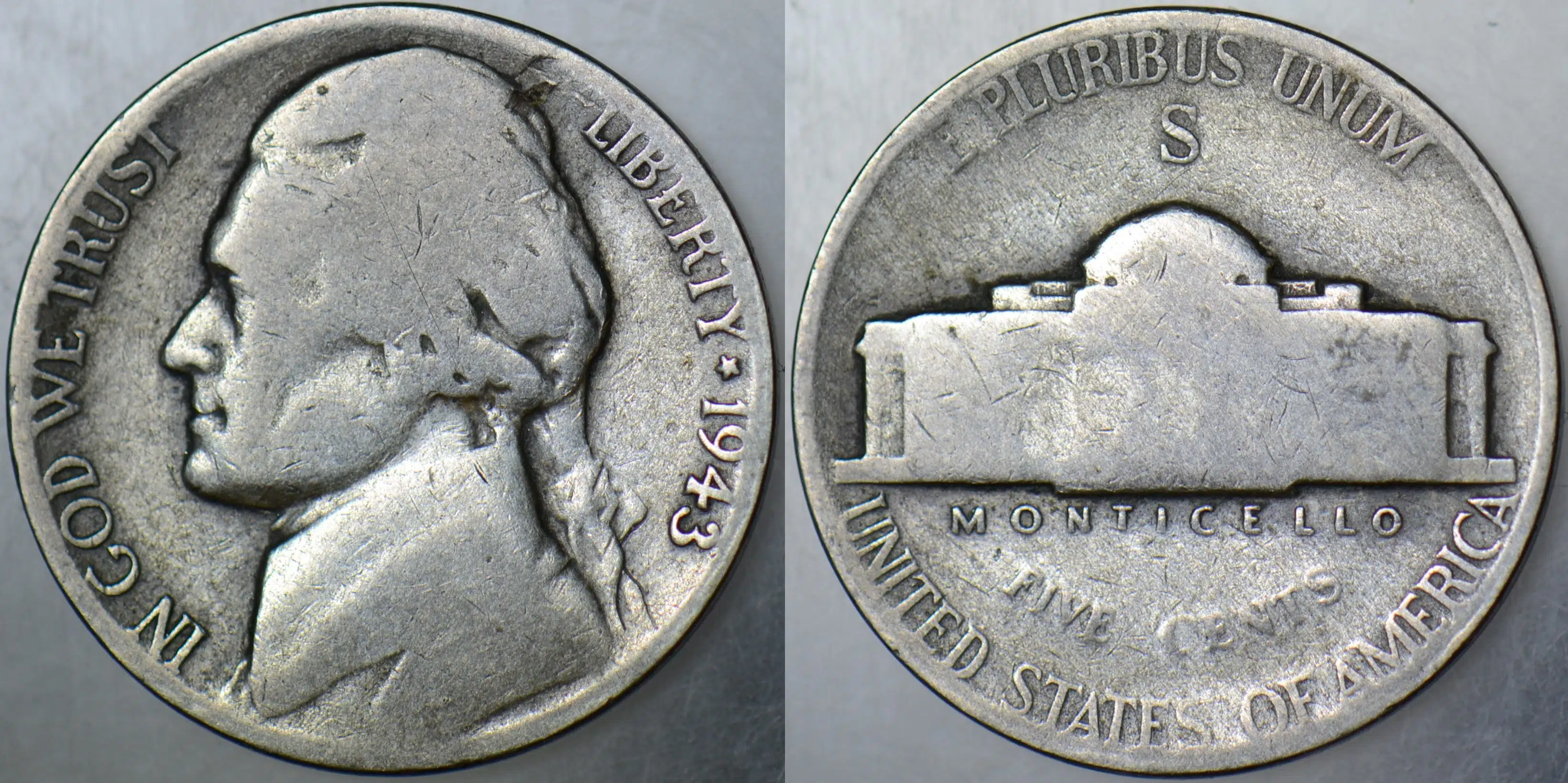 AMERİKA 5 CENT 1943 S GÜMÜŞ. JEFFERSON NICKEL. İKİNCİ DÜNYA SAVAŞI DÖNEMİ.