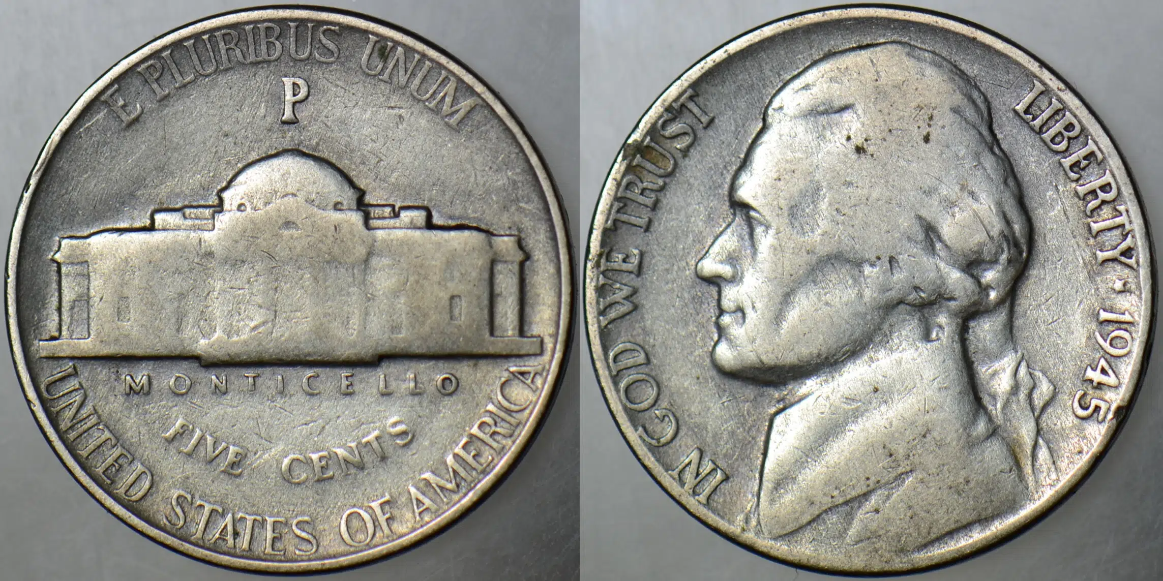AMERİKA 5 CENT 1945 P GÜMÜŞ. JEFFERSON NICKEL. İKİNCİ DÜNYA SAVAŞI DÖNEMİ.