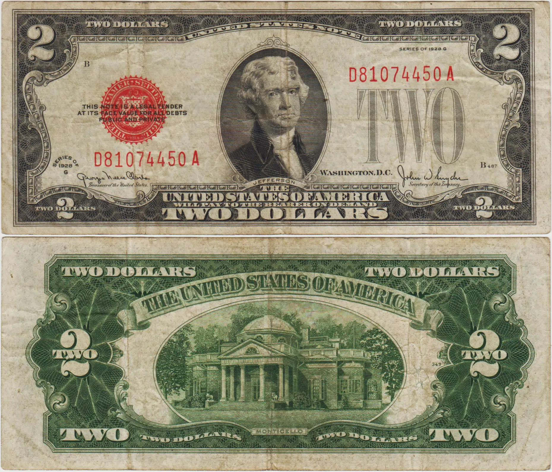 AMERİKA BİRLEŞİK DEVLETLERİ 2 DOLAR 1928 G KIRMIZI MÜHÜR. ÇOK TEMİZ(-) KONDİSYON.