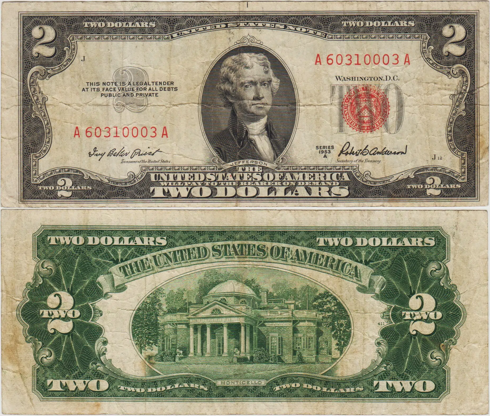 AMERİKA BİRLEŞİK DEVLETLERİ 2 DOLAR 1953 A KIRMIZI MÜHÜR. TEMİZ+