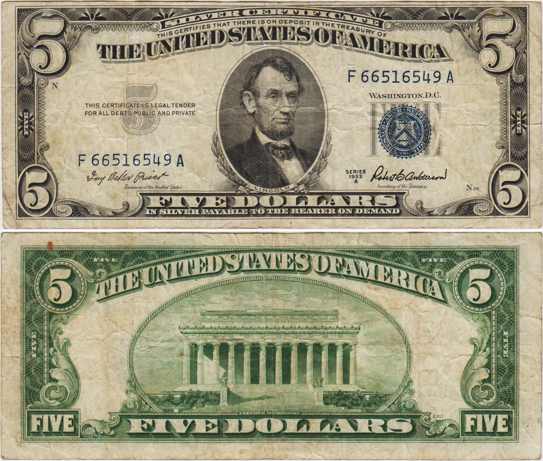 AMERİKA BİRLEŞİK DEVLETLERİ 5 DOLAR 1953 A MAVİ MÜHÜR. TEMİZ+ KONDİSYON.2