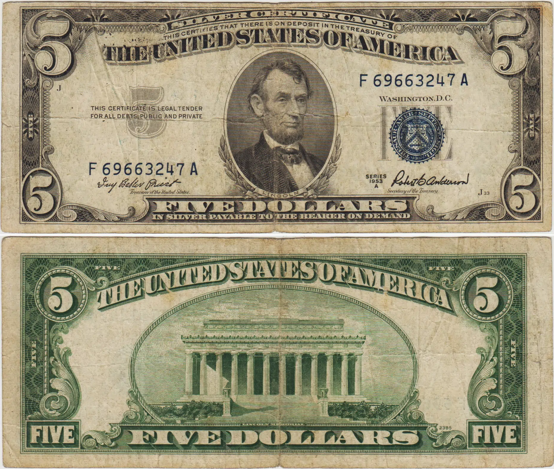 AMERİKA BİRLEŞİK DEVLETLERİ 5 DOLAR 1953 A MAVİ MÜHÜR. TEMİZ+ KONDİSYON.
