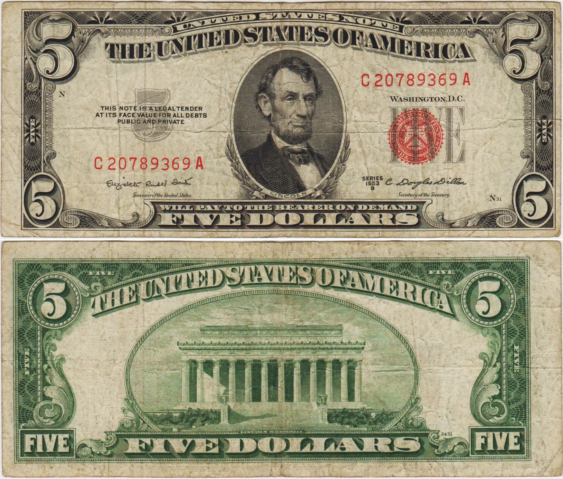 AMERİKA BİRLEŞİK DEVLETLERİ 5 DOLAR 1953 C KIRMIZI MÜHÜR. TEMİZ+ KONDİSYON.