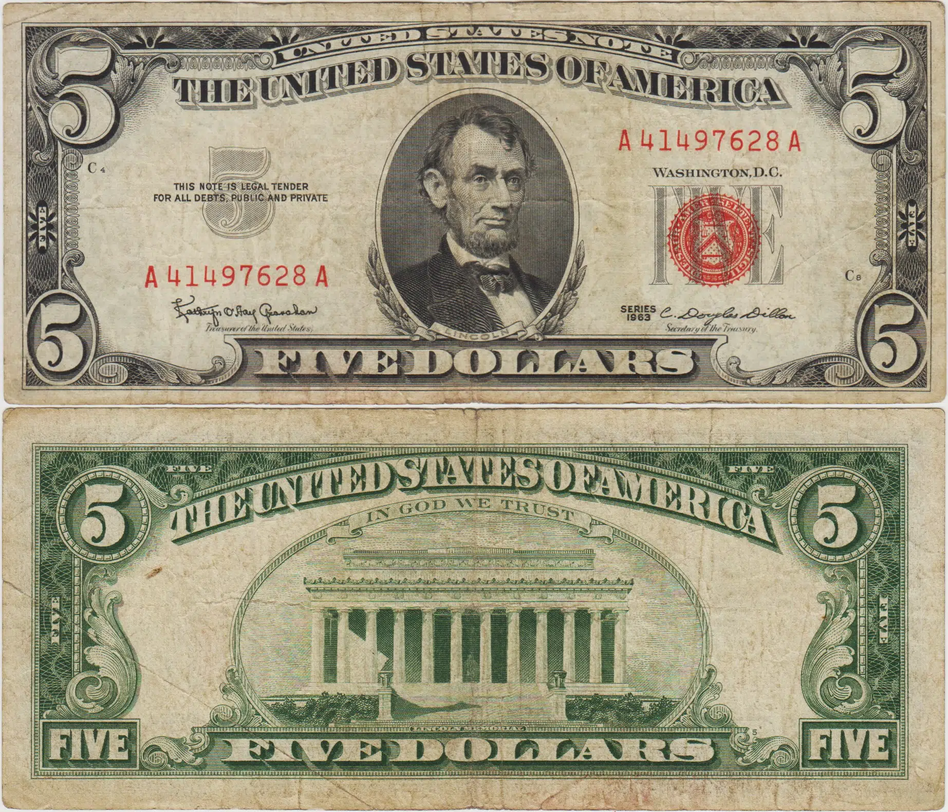 AMERİKA BİRLEŞİK DEVLETLERİ 5 DOLAR 1963 KIRMIZI MÜHÜR. SAĞ KENARDA 0,5 cm YIRTIK TEMİZ+
