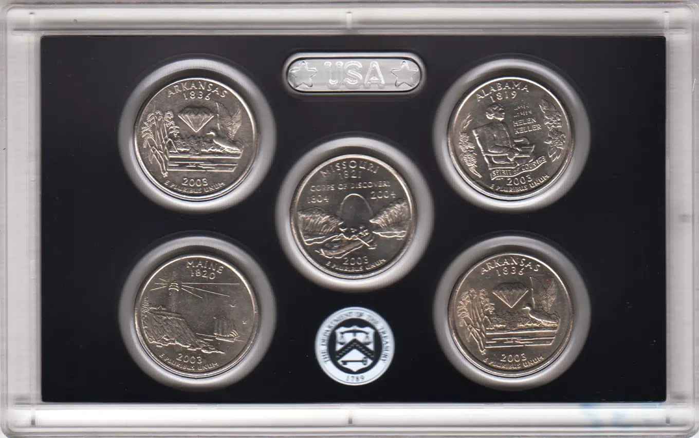 AMERİKA EYALETLER ÇEYREK DOLAR 5 ADETLİK 2003 SETİ. PVC DARPHANE KARTINDA. ÇİLALTI.