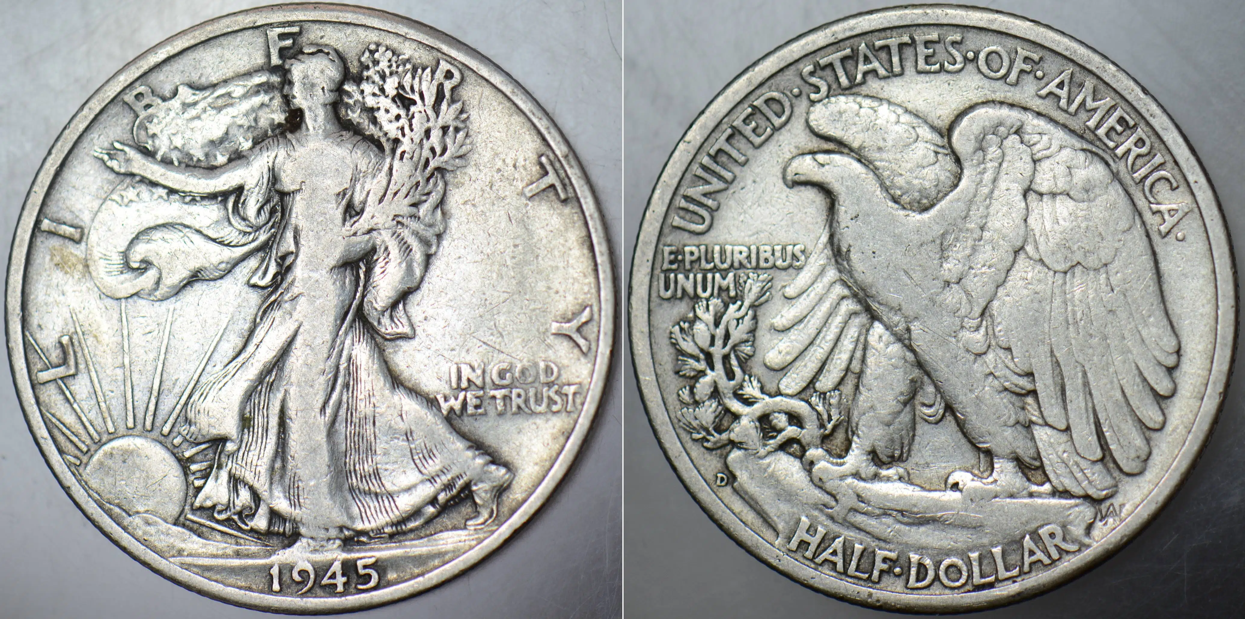 AMERİKA GÜMÜŞ YARIM DOLAR 1945 WALKING LIBERTY. İKİNCİ DÜNYA SAVAŞI DÖNEMİ. 12,4 GRAM.