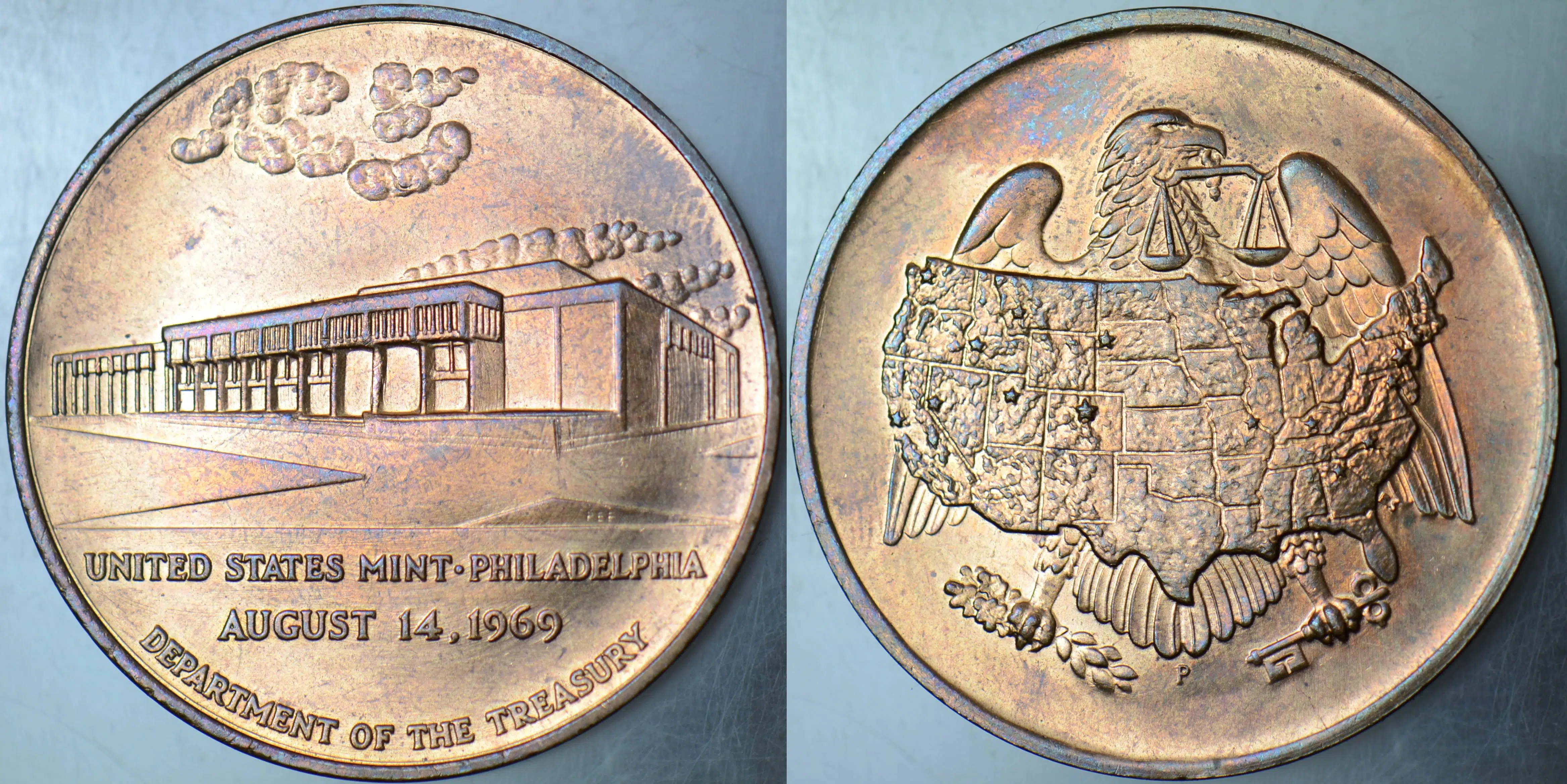 AMERİKA HATIRA MADALYA 1969-PHİLADELPHİA DARPHANESİ YENİ BİNA AÇILIŞI 33 mm 17 gr BRONZ. ÇİL