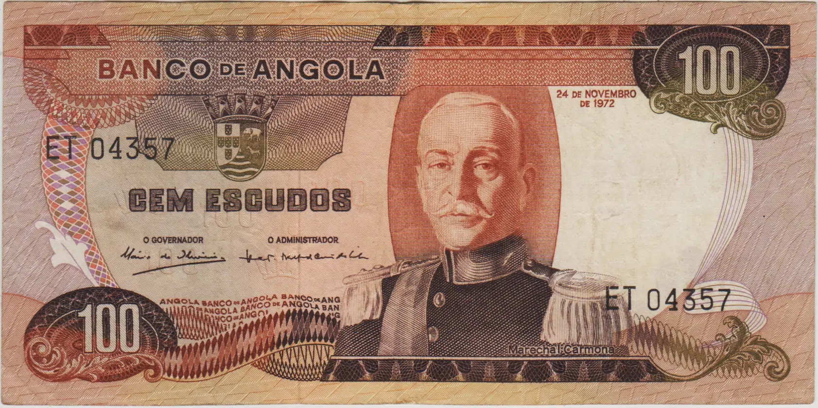 ANGOLA 100 ESKUDO 1972 PORTEKİZ HAKİMİYETİ DÖNEMİ. ÇOK ÇOK TEMİZ.