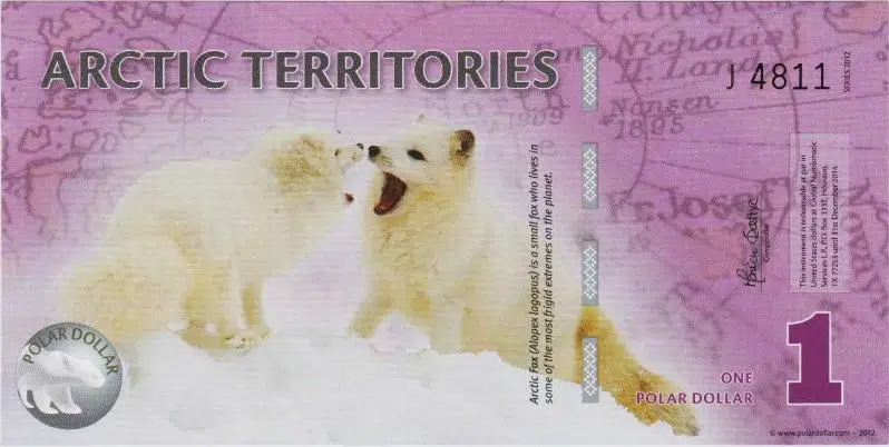 ARCTIC TERRITORIES 1 POLAR DOLAR 2012 POLYMER PARA. KUTUP TİLKİSİ TEMALI. ÇİL KONDİSYON.
