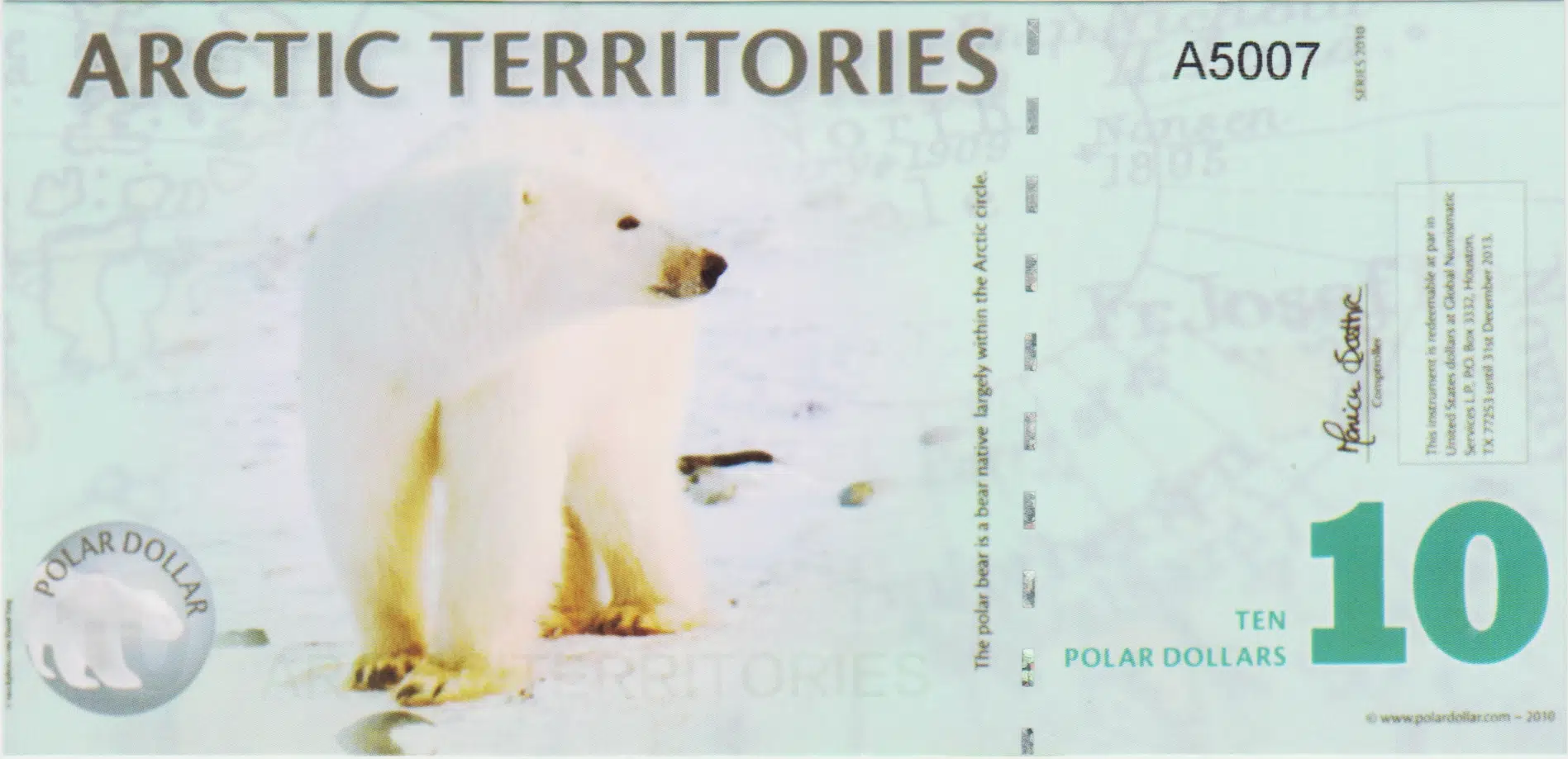 ARCTİC TERRİTORİES 10 POLAR DOLAR 2010 KUTUP AYISI TEMALI. POLYMER ÇİL