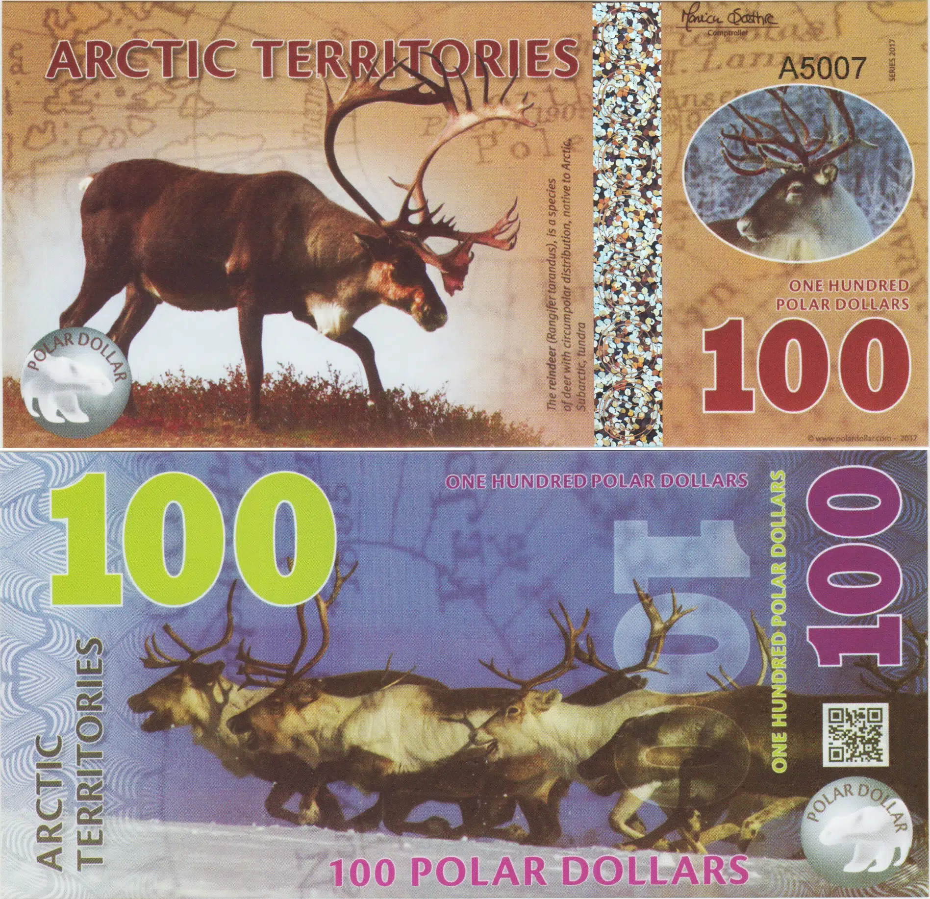 ARCTİC TERRİTORİES 100 POLAR DOLAR 2017 REN GEYİĞİ TEMALI. POLYMER ÇİL
