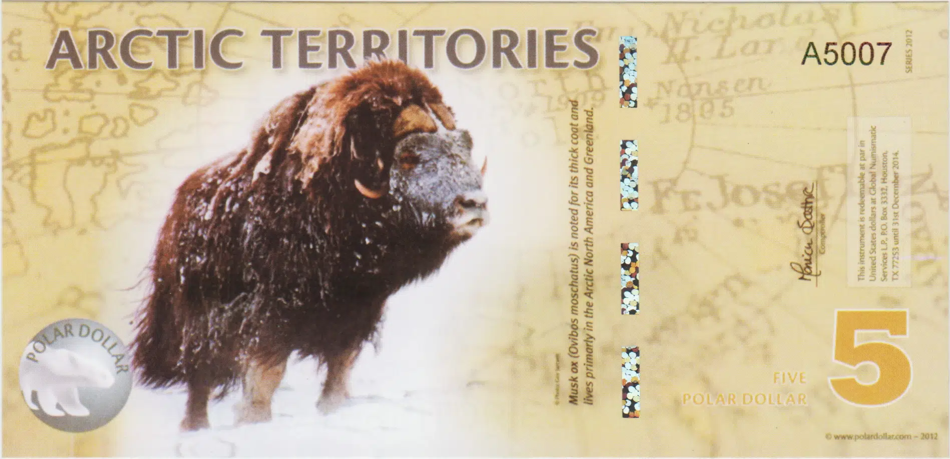 ARCTIC TERRITORIES 5 POLAR DOLAR 2012 MİSK ÖKÜZÜ TEMALI. POLYMER. ÇİL KONDİSYON.