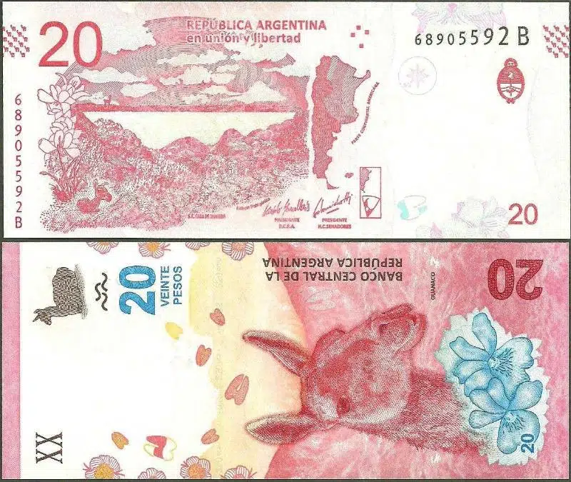 ARJANTİN 20 PESO 2019-2020 GUAMACO VE PATAGONYA TEMALI. ÇİL KONDİSYON.