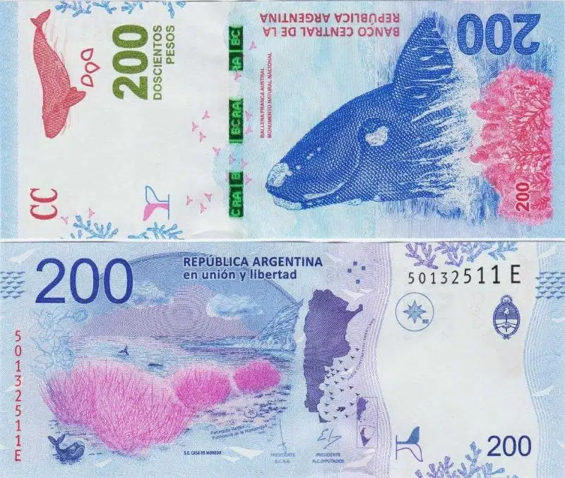 ARJANTİN 200 PESO 2016 BALİNA TEMALI. ÇİL KONDİSYON.