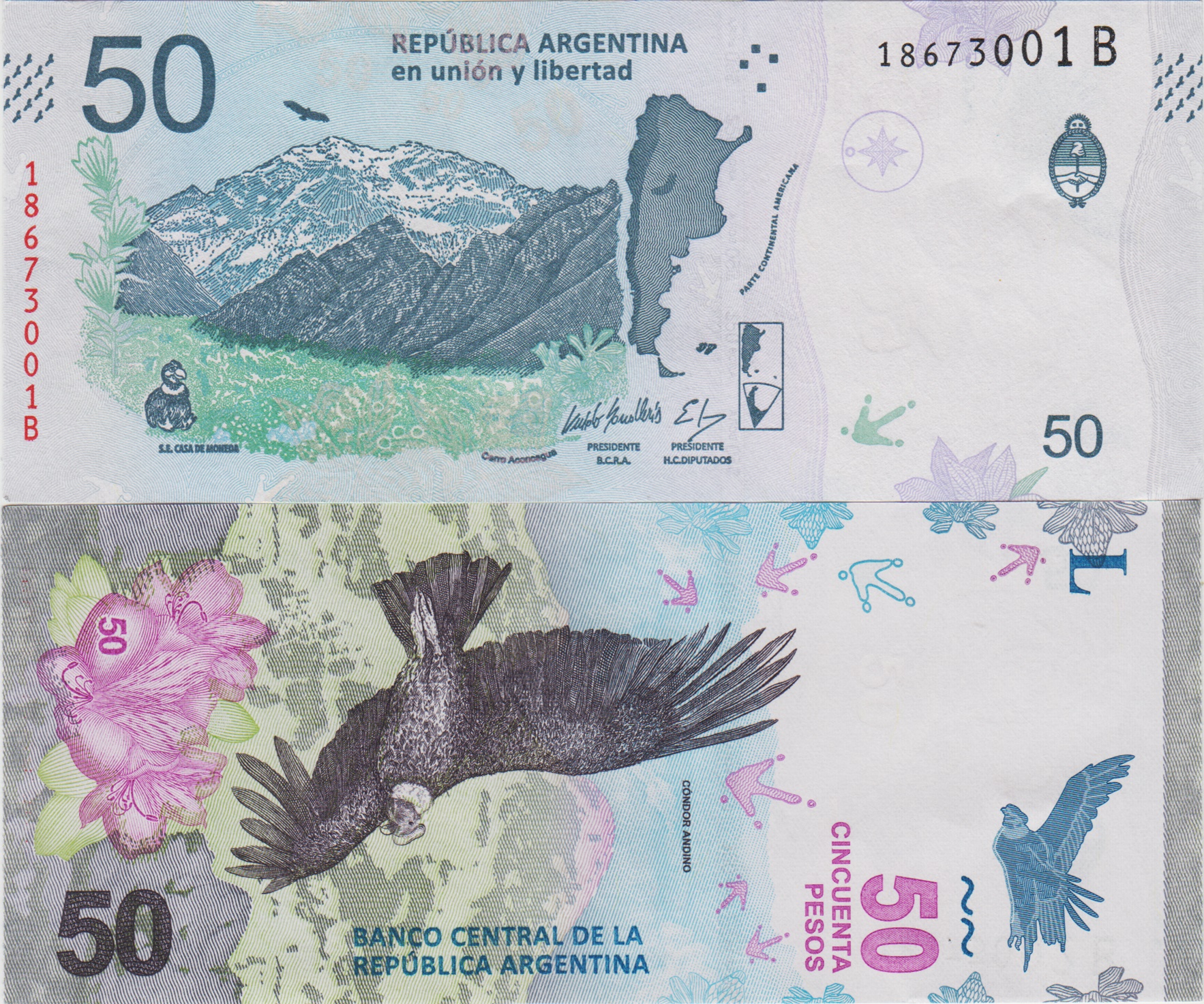 ARJANTİN 50 PESO 2018-20 AND KONDORU. ÇİL KONDİSYON.