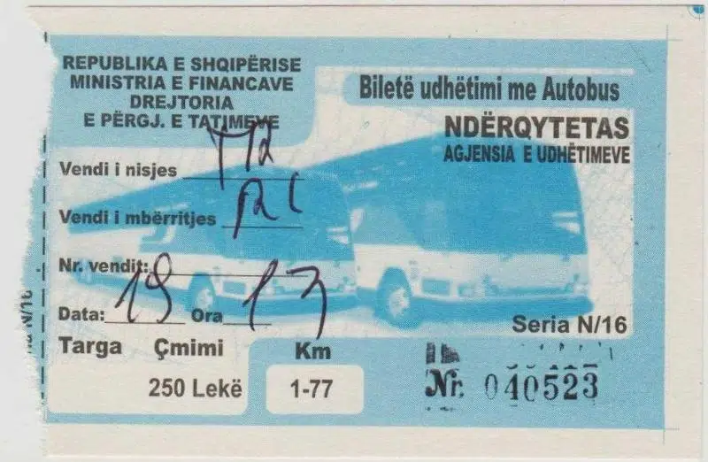 ARNAVUTLUK OTOBÜS - ULAŞIM BİLETİ 2016 YILI. 250 LEK