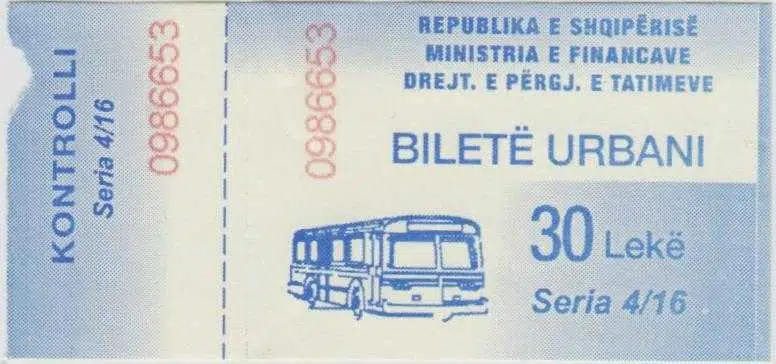 ARNAVUTLUK OTOBÜS - ULAŞIM BİLETİ. 30 LEK DEĞERİNDE.