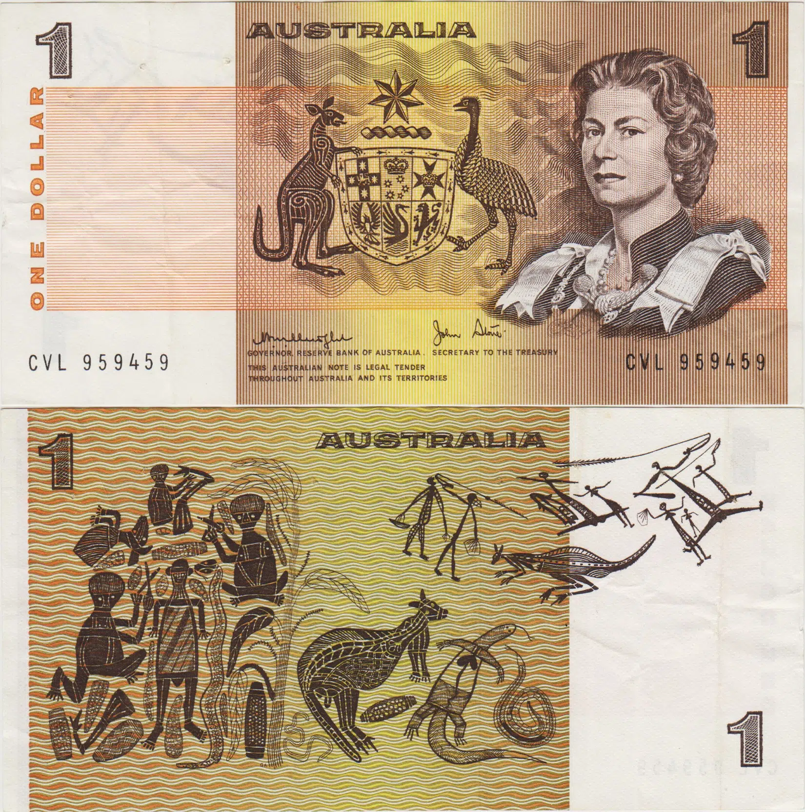 AVUSTRALYA 1 DOLAR 1979-81 Pick 42c. KRALİÇE II. ELİZABETH-ABORİJİN TEMALI. ÇOK ÇOK TEMİZ.