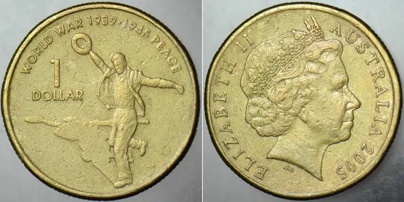 AVUSTRALYA 1 DOLAR 2005 II. DÜNYA SAVAŞIN BİTİŞİ 60. YILI SİRKÜLASYON HATIRA. KRALİÇE II. ELİZABETH.