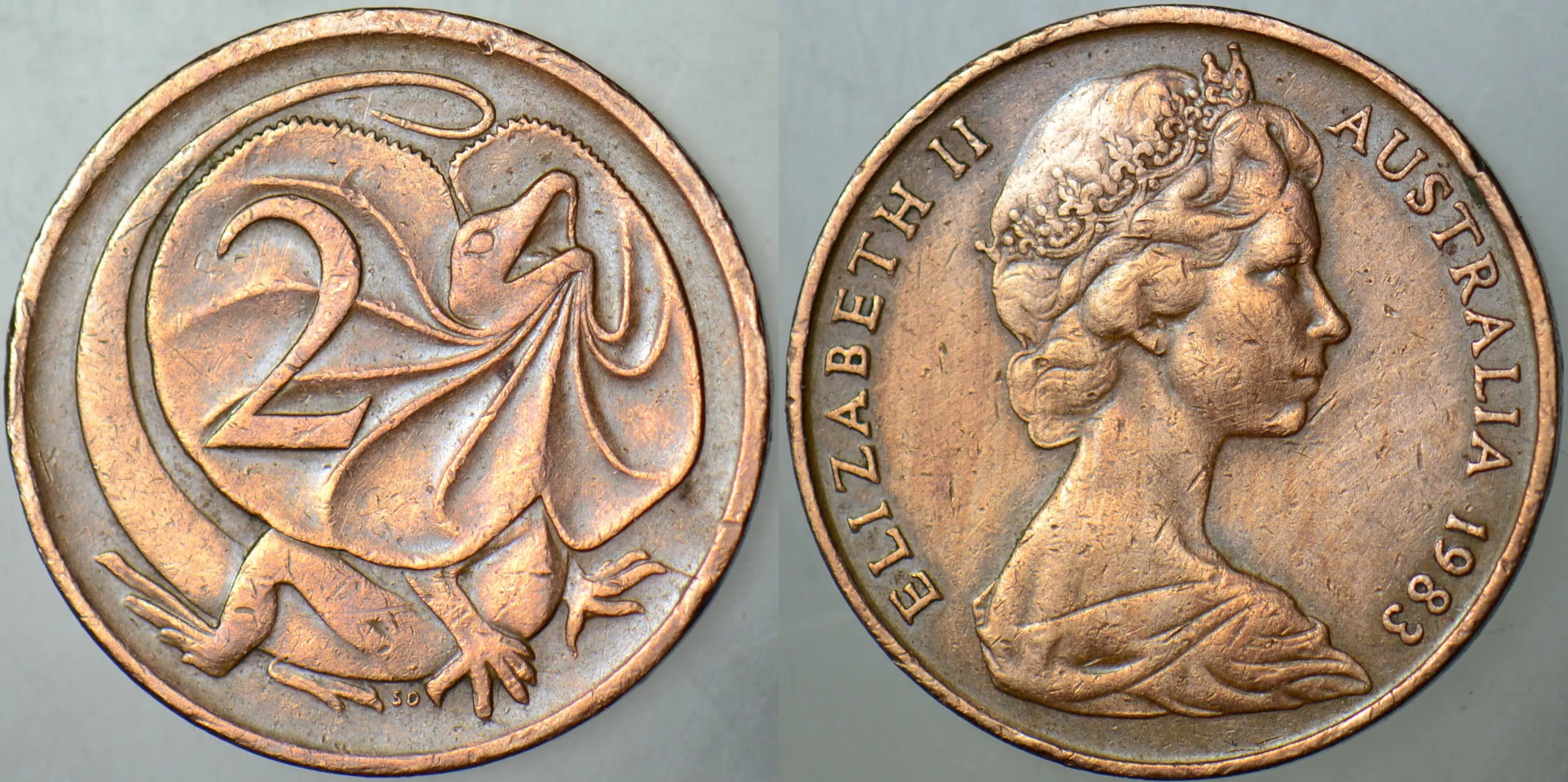 AVUSTRALYA 2 CENT 1983 GENİŞ BOYUNLU KERTENKELE TEMALI. KRALİÇE II. ELİZABETH 21,6 mm.