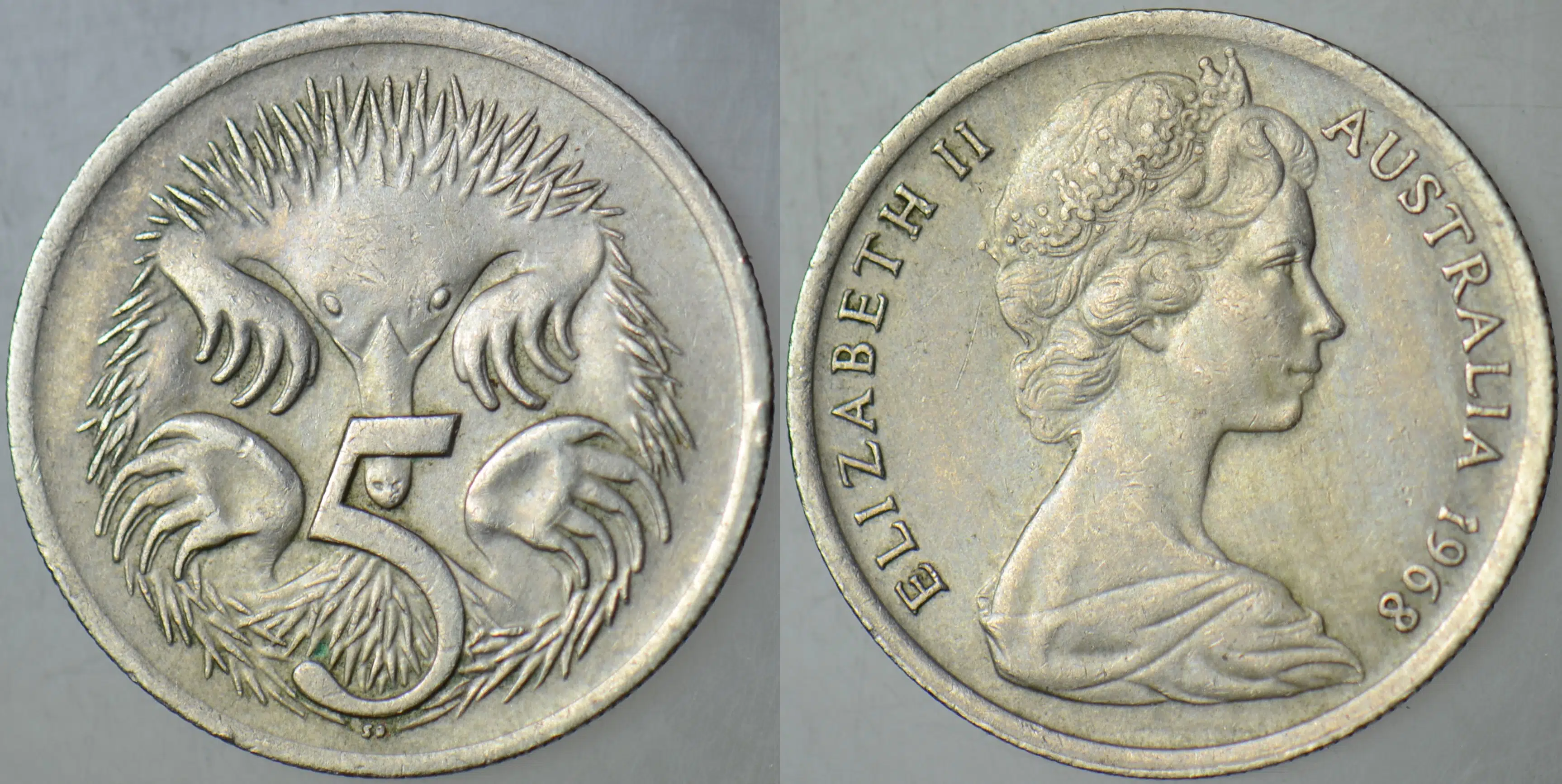 AVUSTRALYA 5 CENT 1968 KARINCAYİYEN TEMALI. KRALİÇE II. ELİZABETH.