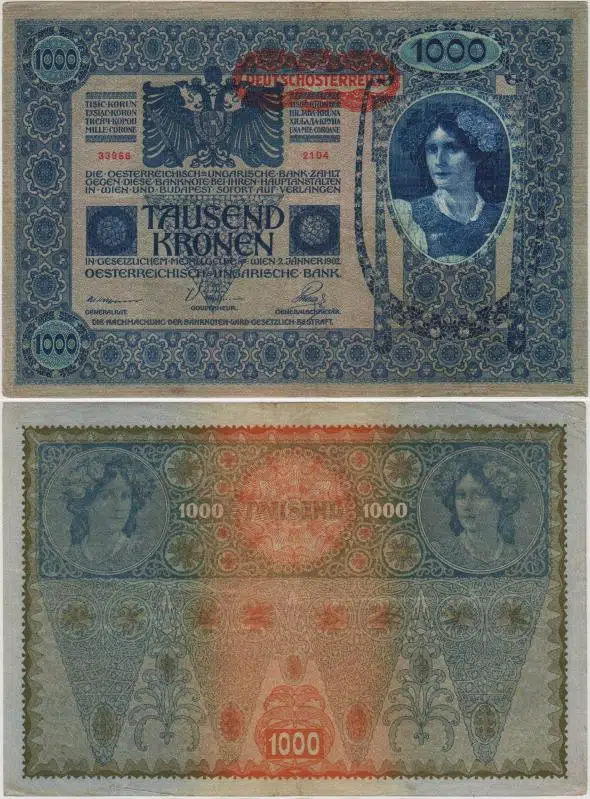 AVUSTURYA 1000 KRON 1902 ÜZERİNE 1919 DEUTSCHÖSTERREİCH DAMGALI. BÜYÜK BOY. ÇOK ÇOK TEMİZ(-)