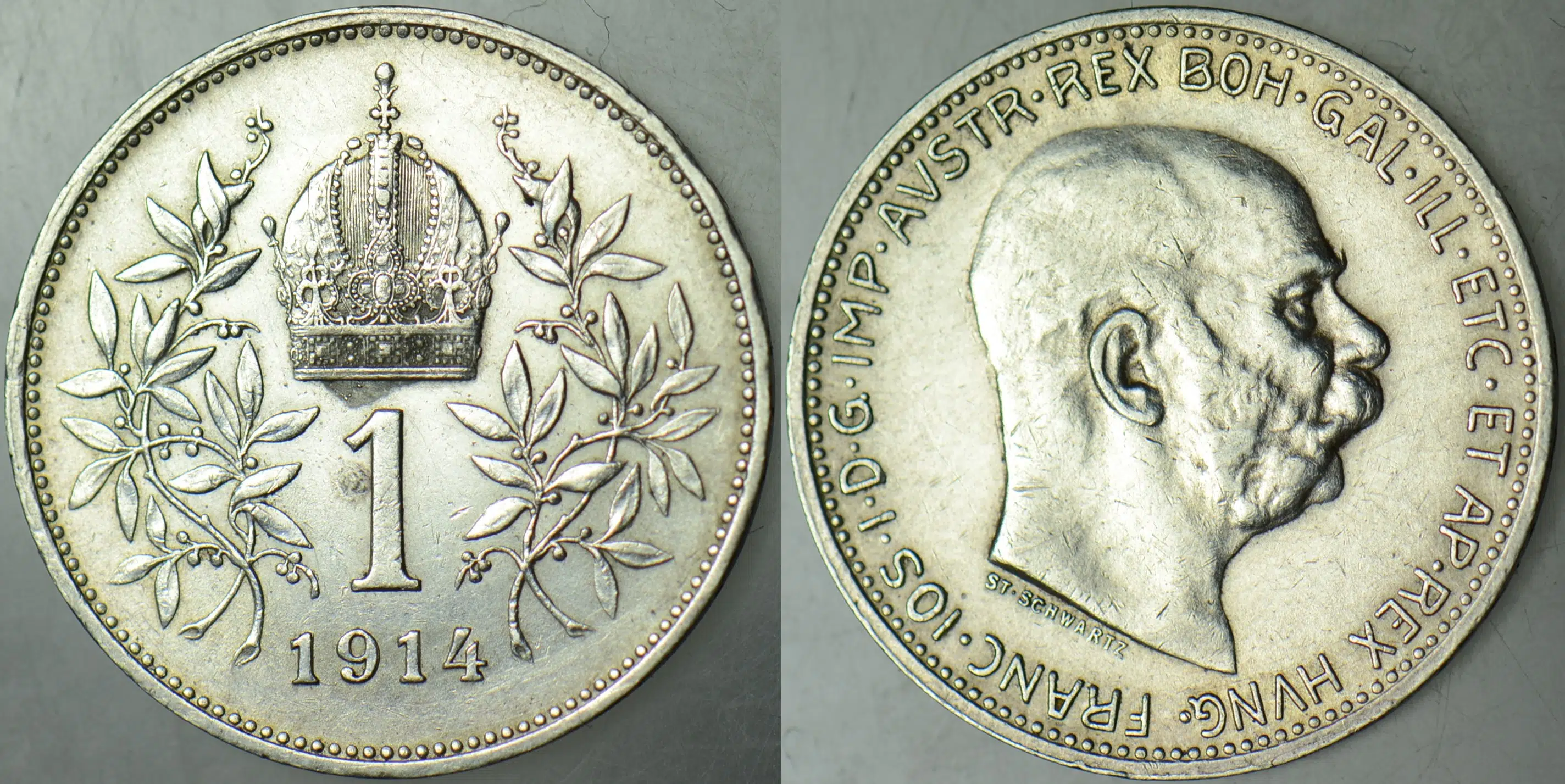 AVUSTURYA GÜMÜŞ 1 KORONA 1914 FRANZ JOSEF-I. DÜNYA SAVAŞI DÖNEMİ. 5 gr ÇİLALTI