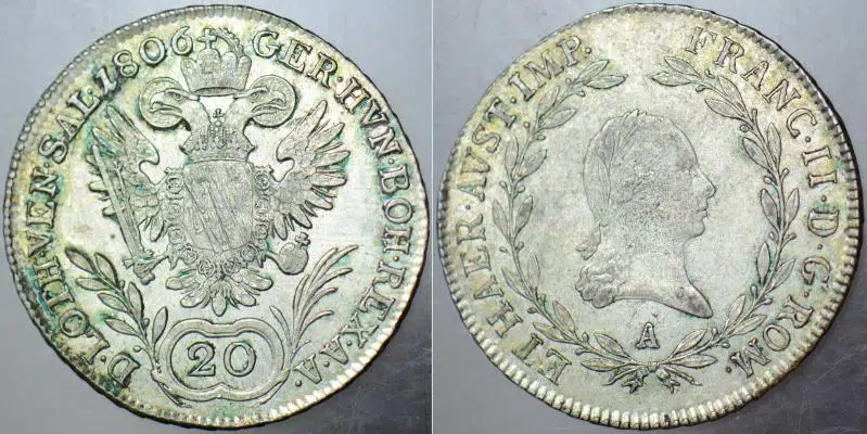 AVUSTURYA GÜMÜŞ 20 KREUZER 1806 A=VİYANA DARBI. 28 mm. 6,70 gr. İMPARATOR II. FRANZ DÖNEMİ. NADİR. ÇİLALTI+ KONDİSYON.