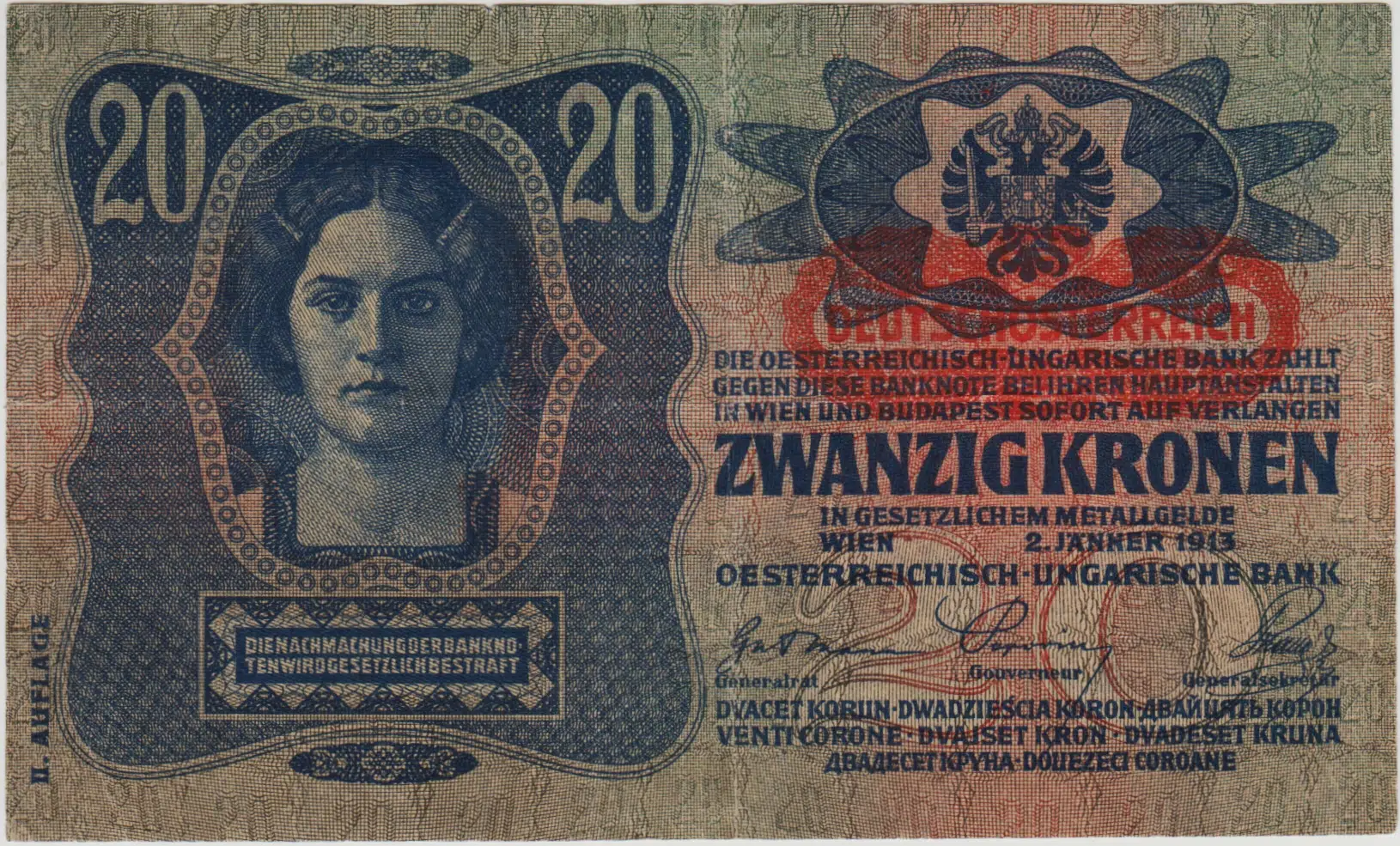 AVUSTURYA-MACARİSTAN 20 KRON 1913 (1919) ÇOK TEMİZ++