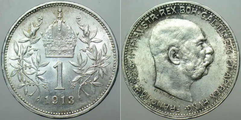 AVUSTURYA MACARİSTAN İMPARATORLUĞU GÜMÜŞ 1 KORONA 1913 FRANZ JOSEF - I. DÜNYA SAVAŞI DÖNEMİ. 5 GRAM AĞIRLIĞINDA. ÇİLALTI++ KONDİSYON