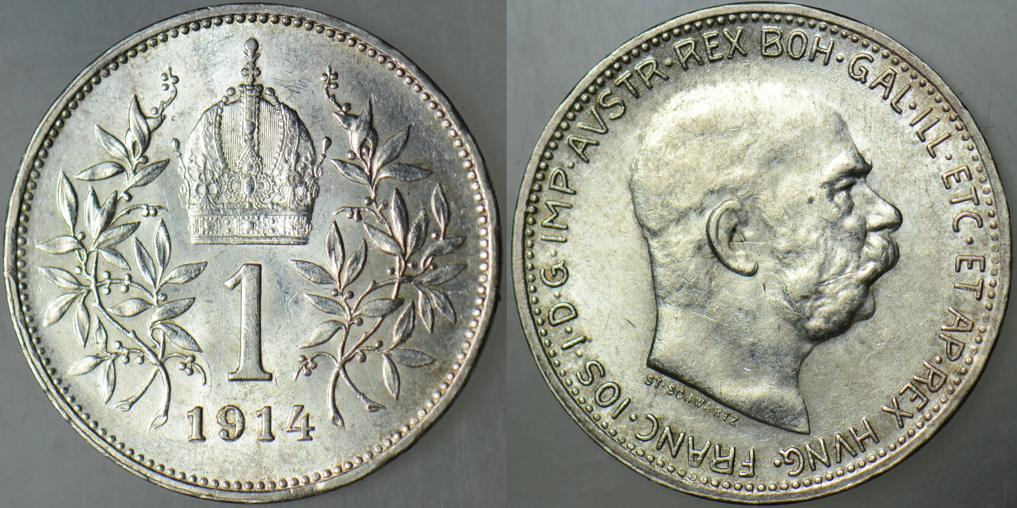 AVUSTURYA MACARİSTAN İMPARATORLUĞU GÜMÜŞ 1 KORONA 1914 FRANZ JOSEF - I. DÜNYA SAVAŞI DÖNEMİ. 5 gr ÇİL(-)