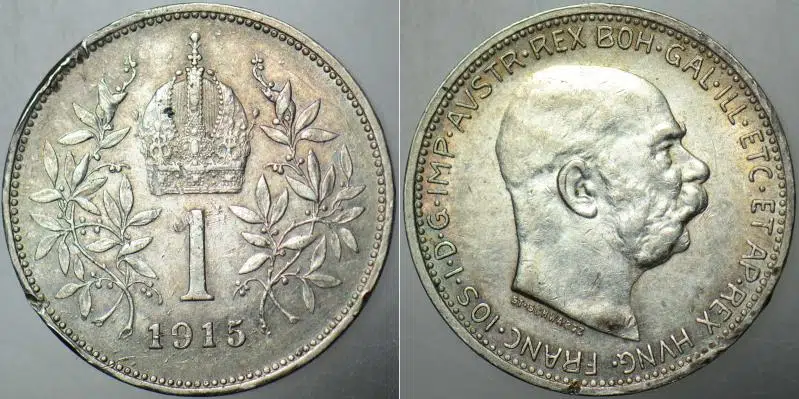 AVUSTURYA GÜMÜŞ 1 KORONA 1915 FRANZ JOSEF - I. DÜNYA SAVAŞI DÖNEMİ. 5 gr