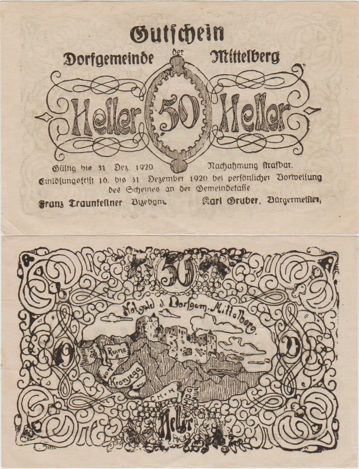 AVUSTURYA NOTGELD 50 HELLER 1920 MİTTELBERG BELEDİYESİ. ÇİLALTI.
