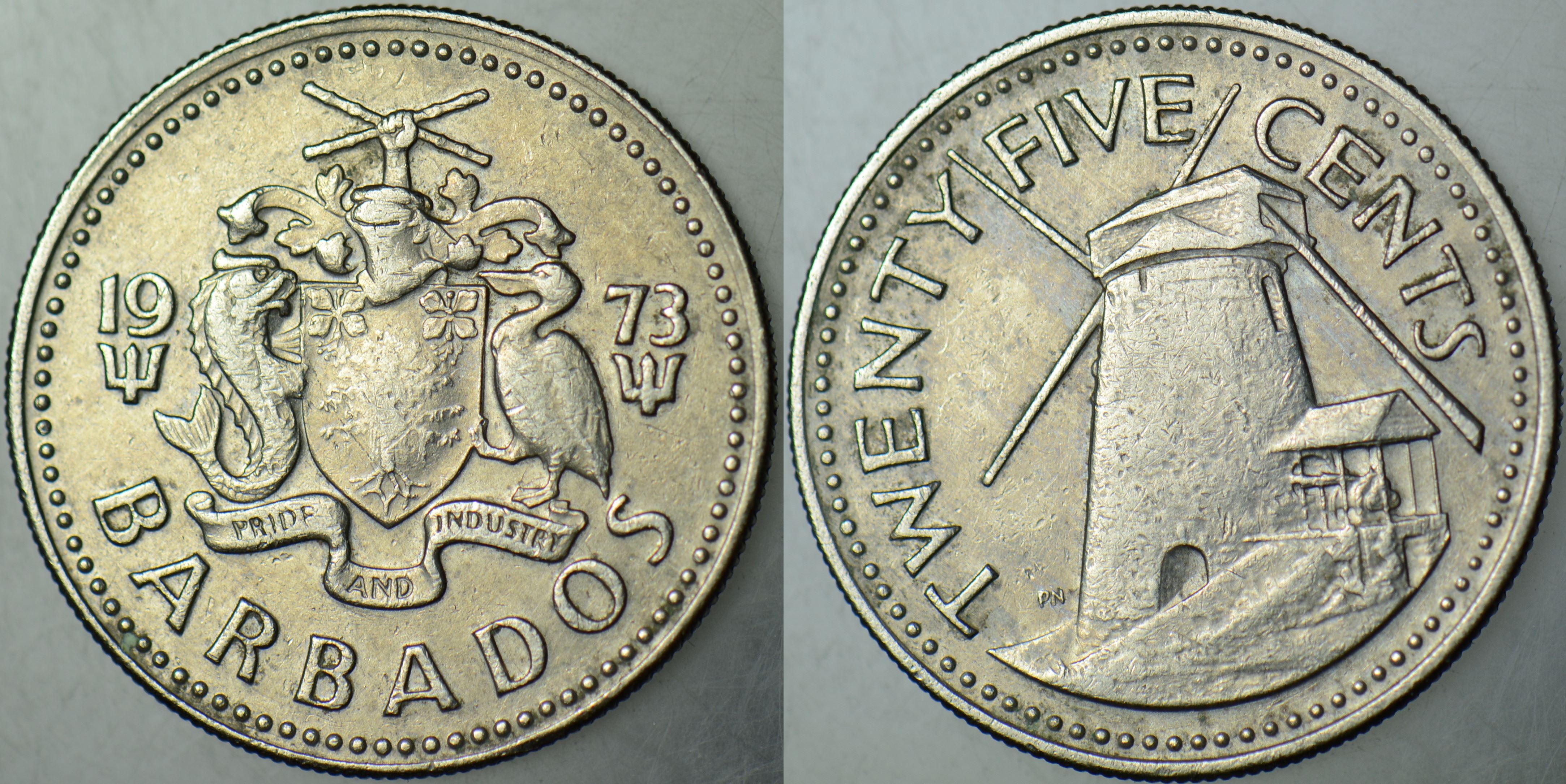 BARBADOS 25 CENT 1973 BU TİPİN BASILDIĞI İLK YIL. YEL DEĞİRMENİ TEMALI.