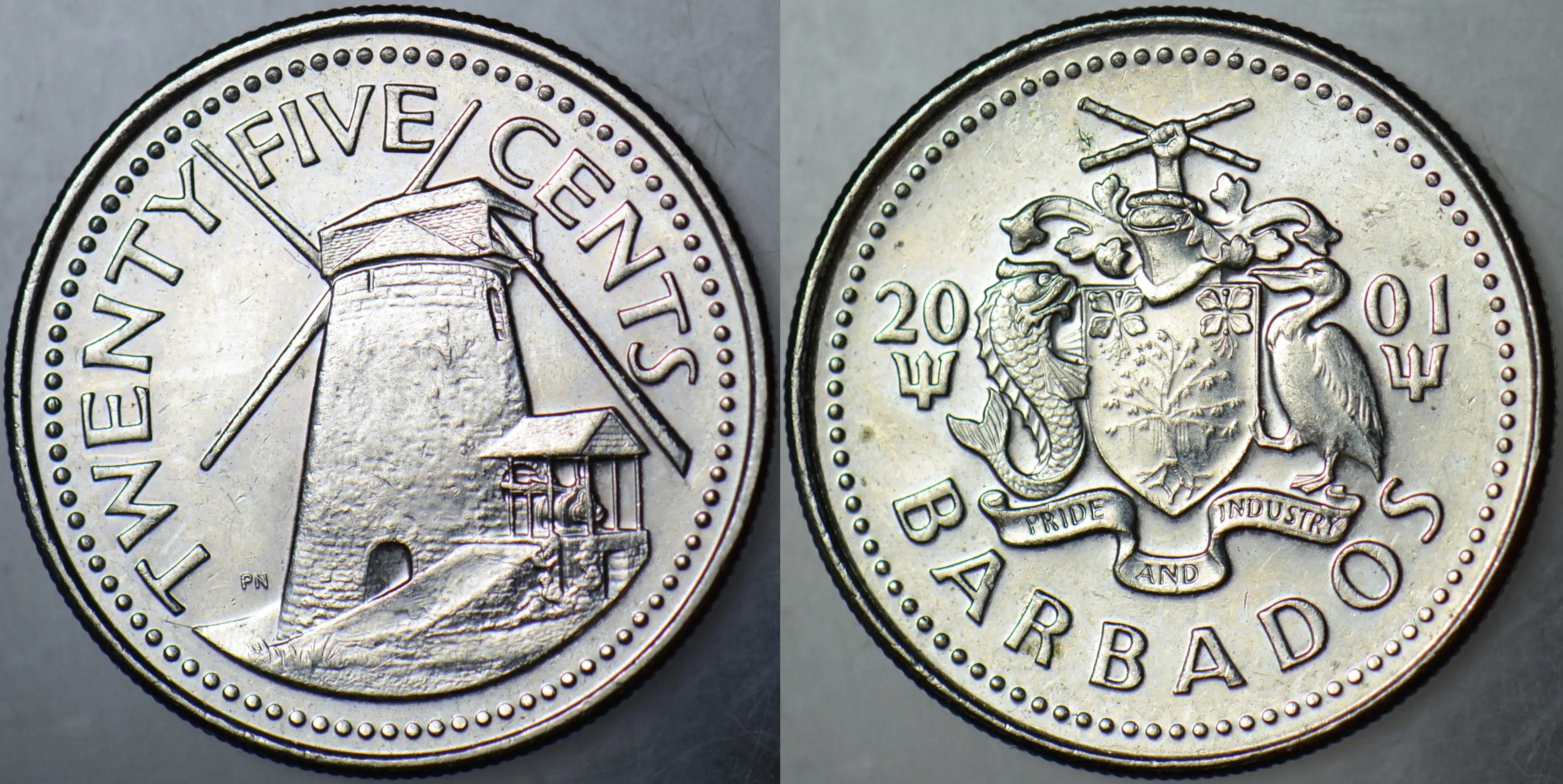 BARBADOS 25 CENT 2001. YEL DEĞİRMENİ TEMALI. ÇİLALTI.
