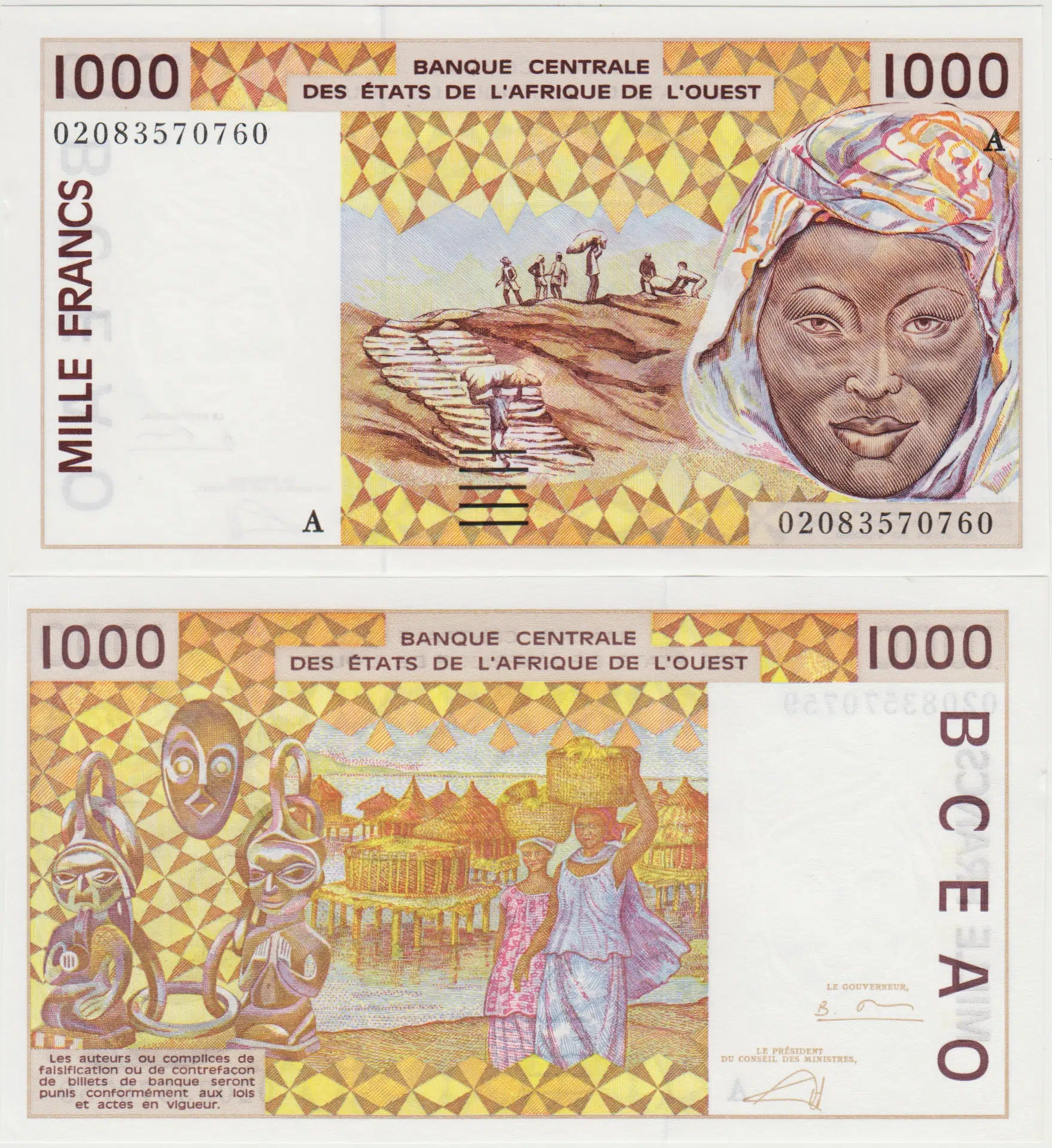 BATI AFRİKA PARA BİRLİĞİ 1000 FRANK 2002 A=FİLDİŞİ SAHİLİ. 1000 CFA FRANGI. ÇİL KONDİSYON