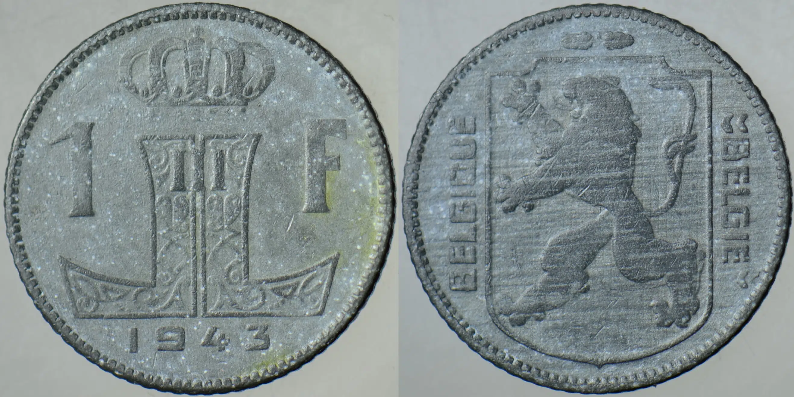 BELÇİKA 1 FRANK 1943. İKİNCİ DÜNYA SAVAŞI DÖNEMİ ÇİNKO.