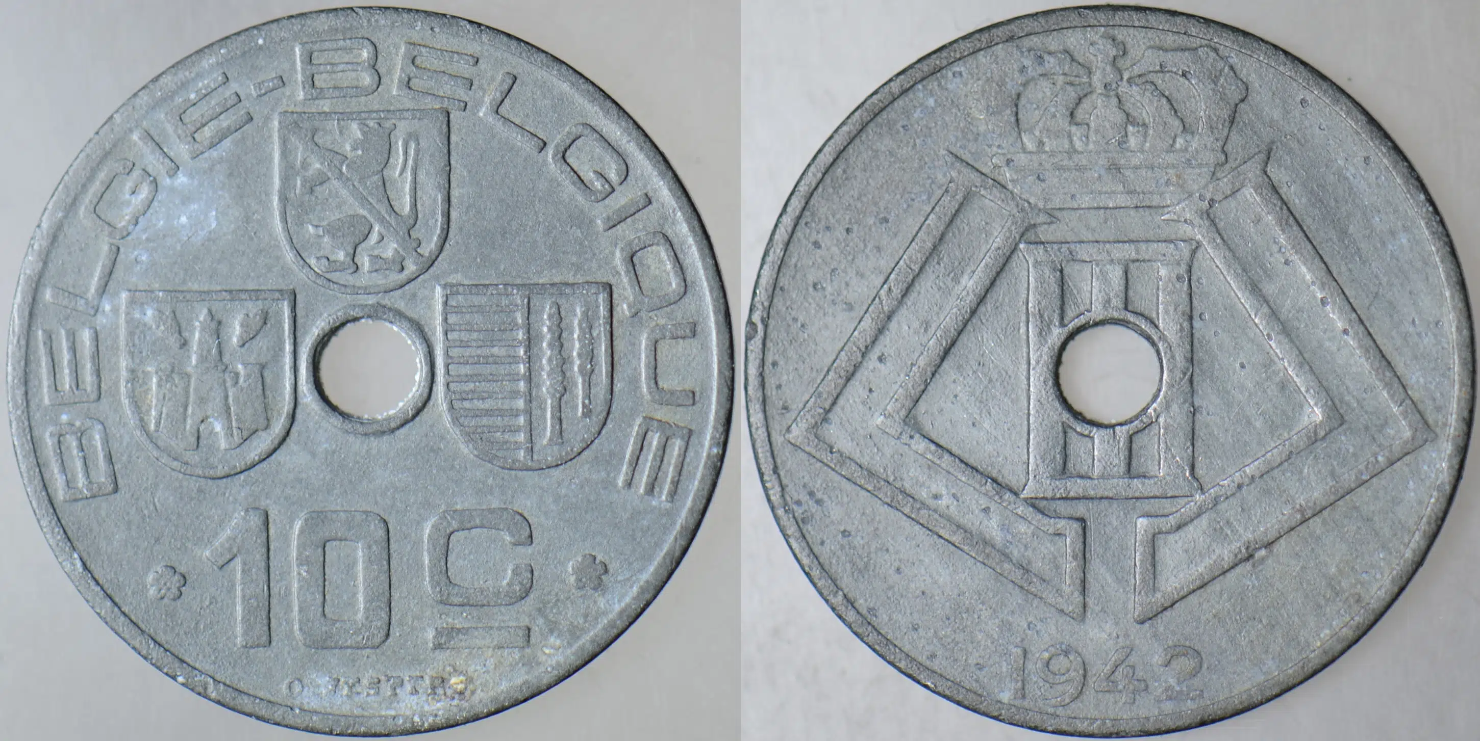 BELÇİKA 10 CENTİMES 1942. İKİNCİ DÜNYA SAVAŞI DÖNEMİ ÇİNKO.