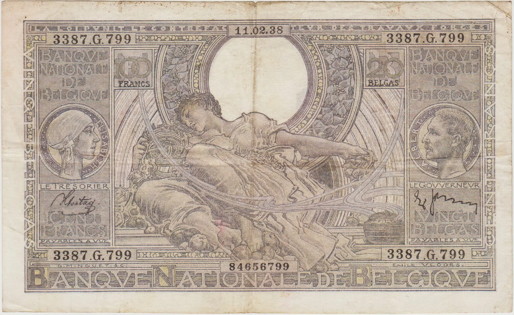 BELÇİKA 100 FRANK (20 BELGAS) 1938 II. DÜNYA SAVAŞI NAZİ İŞGALİ DÖNEMİ. ÇOK TEMİZ.
