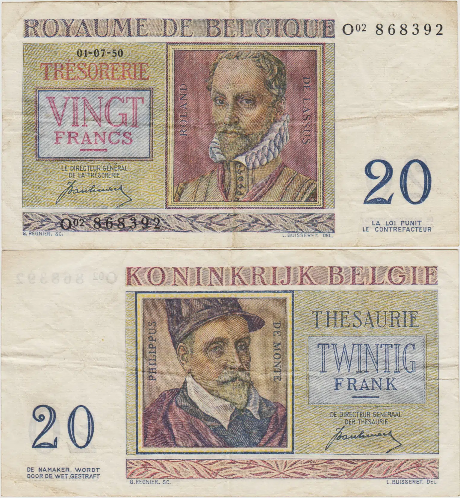 BELÇİKA 20 FRANK 1950 SOL KENARDA 1 cm YIRTIK ÇOK TEMİZ KONDİSYON.