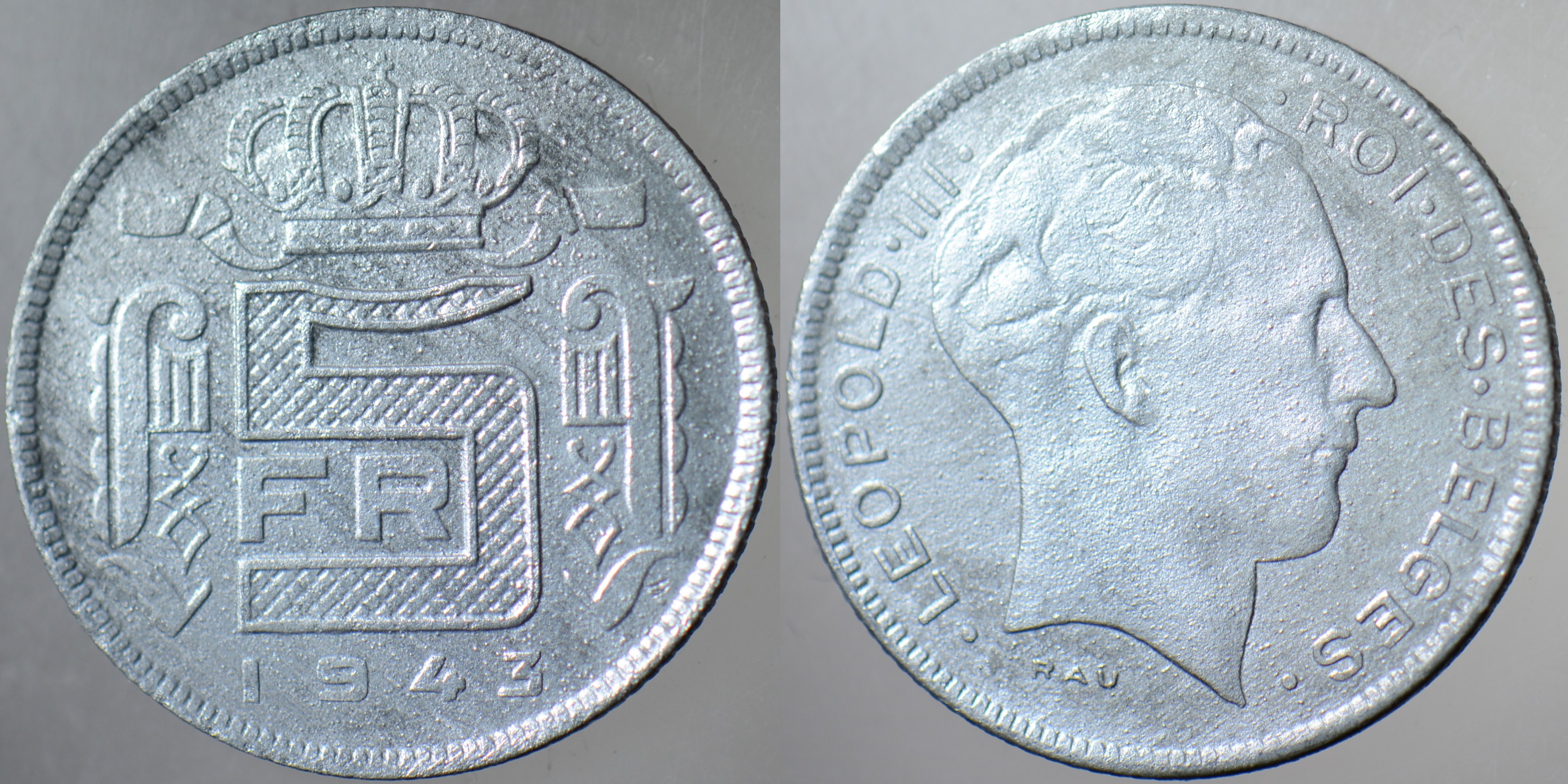 BELÇİKA 5 FRANK 1943 İKİNCİ DÜNYA SAVAŞI DÖNEMİ ÇİNKO.