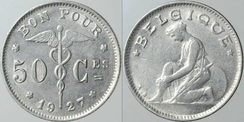 BELÇİKA 50 CENTIMES 1927 BELGIQUE. ÇİL- KONDİSYON.