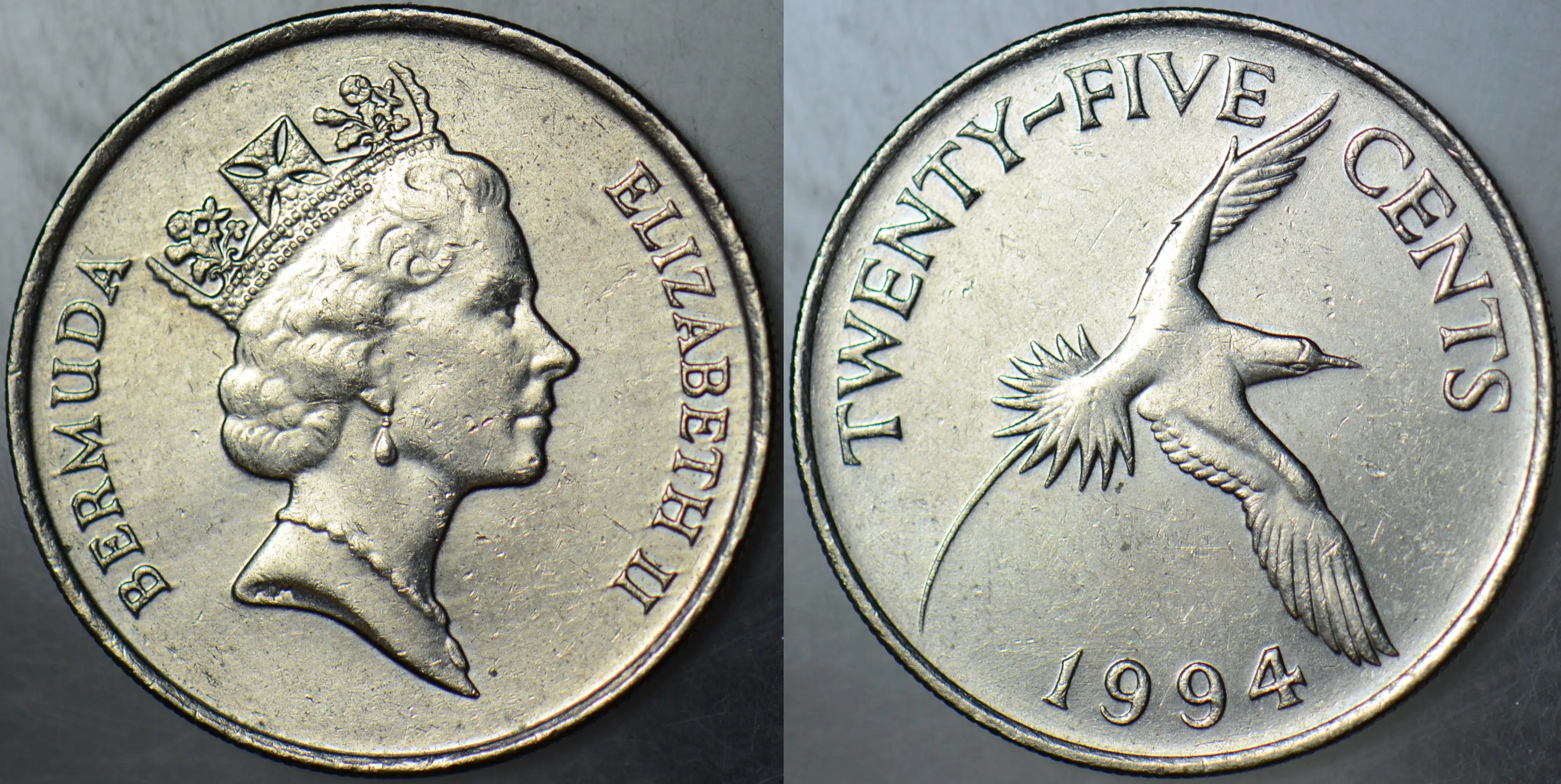 BERMUDA 25 CENT 1994 AK KUYRUKLU TROPİK KUŞ. KRALİÇE II. ELİZABETH.