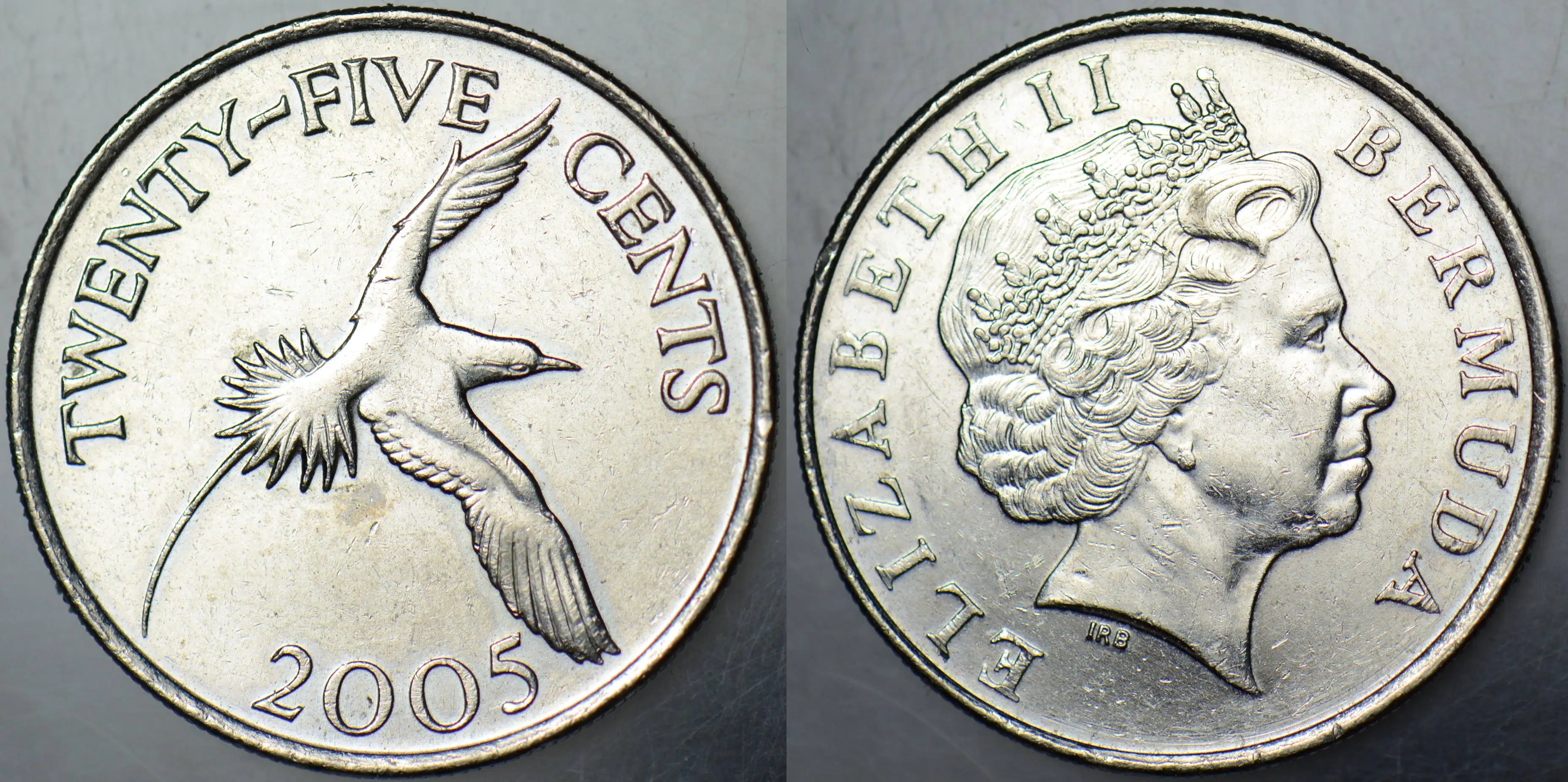 BERMUDA 25 CENT 2005 AK KUYRUKLU TROPİK KUŞ. KRALİÇE II. ELİZABETH. ÇİLALTI.