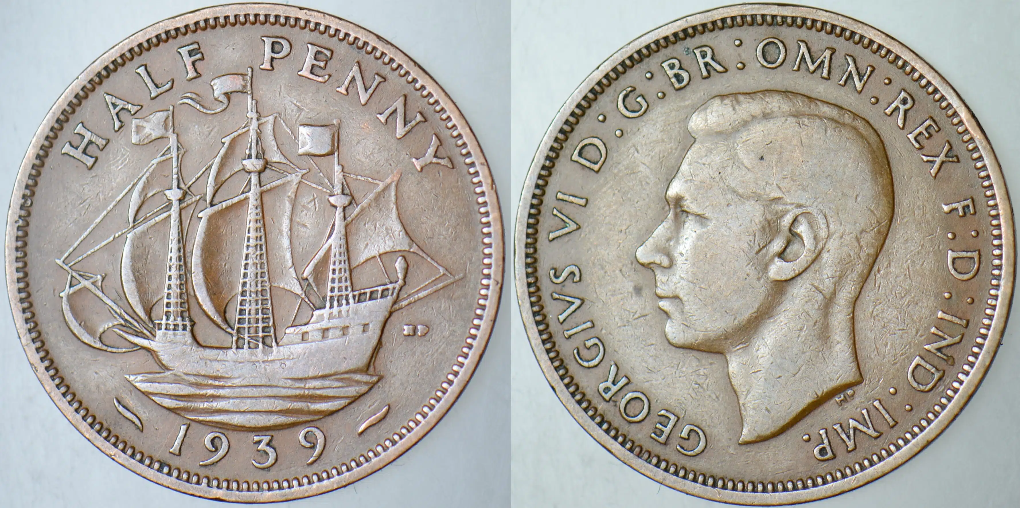 BİRLEŞİK KRALLIK 1/2 PENNY 1939 NADİR TARİH. KRAL 6. GEORGE (II. ELİZABETH'İN BABASI) İNGİLTERE 26 mm