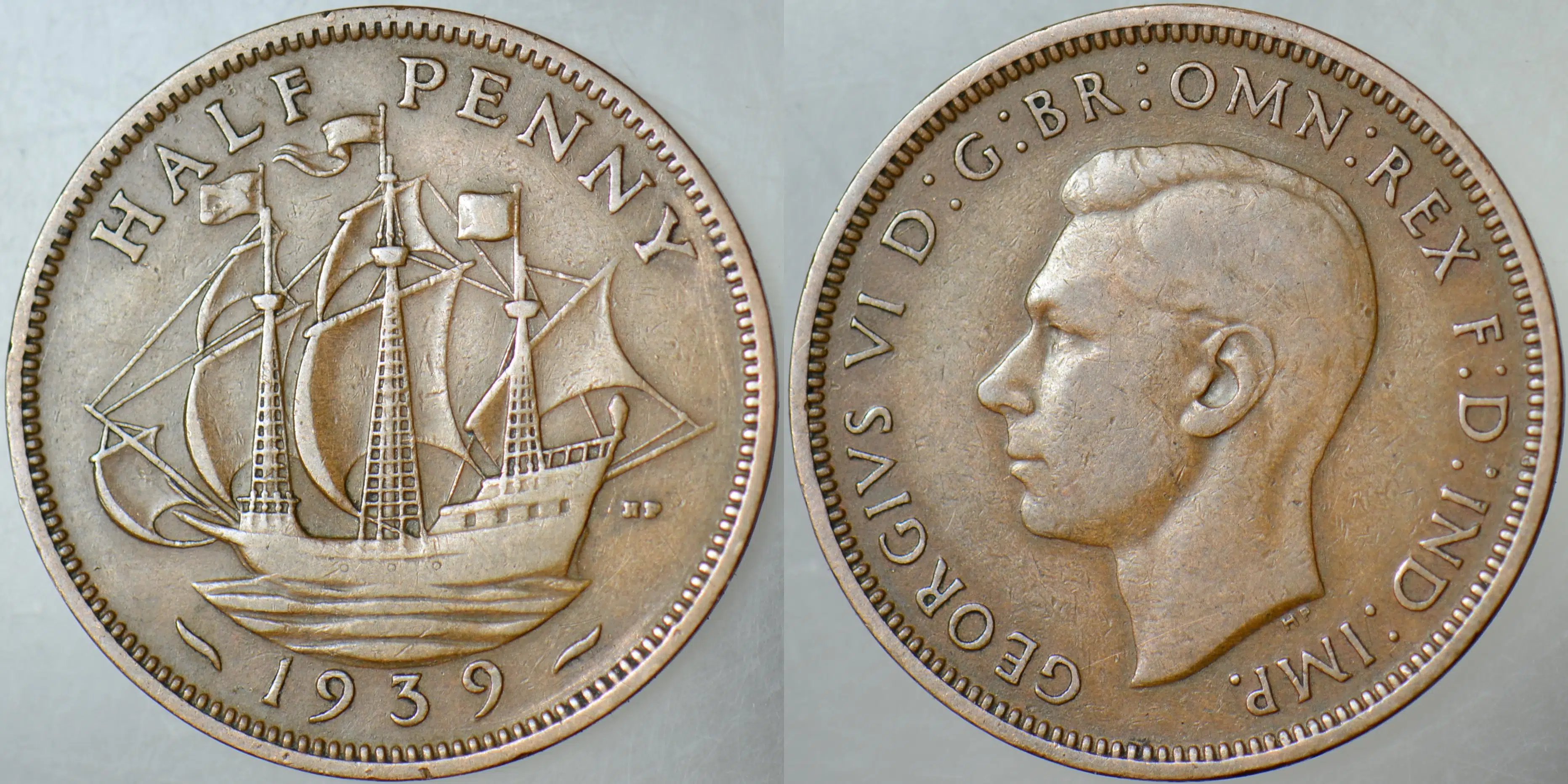 BİRLEŞİK KRALLIK 1/2 PENNY 1939 NADİR TARİH. KRAL 6. GEORGE (II. ELİZABETH'İN BABASI) İNGİLTERE 26 mm