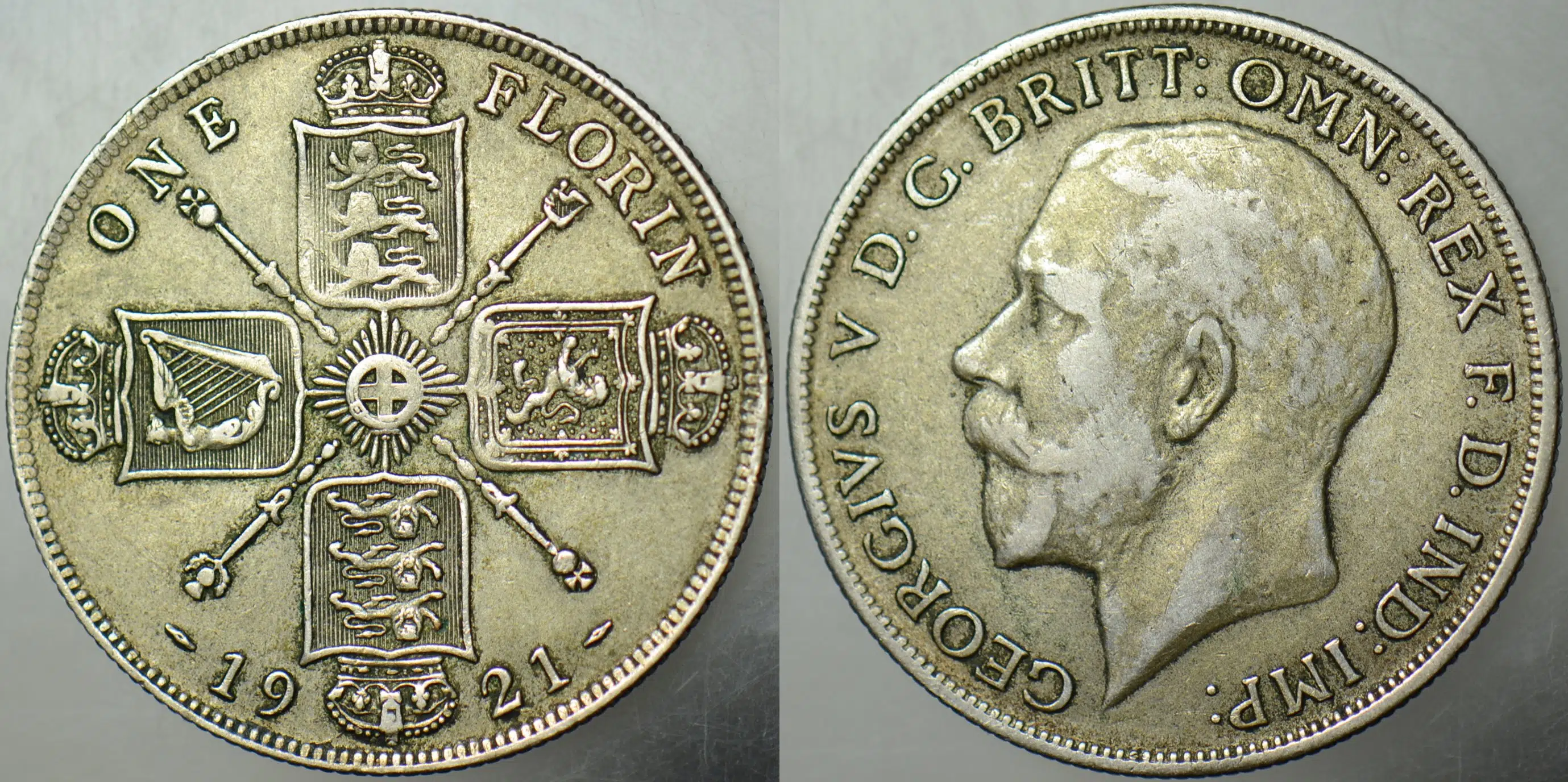 BİRLEŞİK KRALLIK 1 FLORİN 1921 GÜMÜŞ. KRAL 5. GEORGE DÖNEMİ. 11,3 gr 28,5 mm. İNGİLTERE.