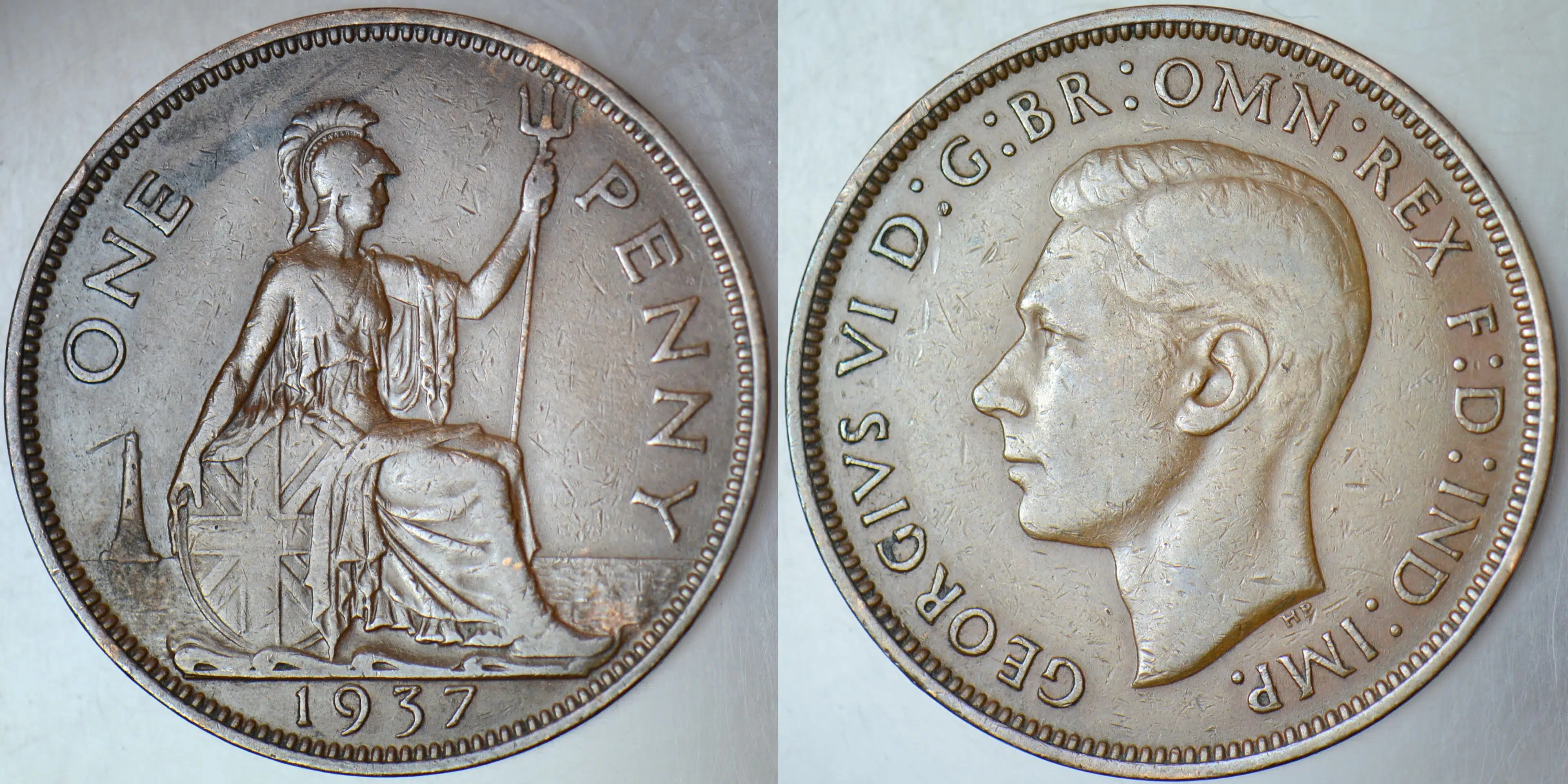 BİRLEŞİK KRALLIK 1 PENNY 1937 KRAL 6. GEORGE DÖNEMİ (KRALİÇE II. ELİZABETH'İN BABASI). 31 mm