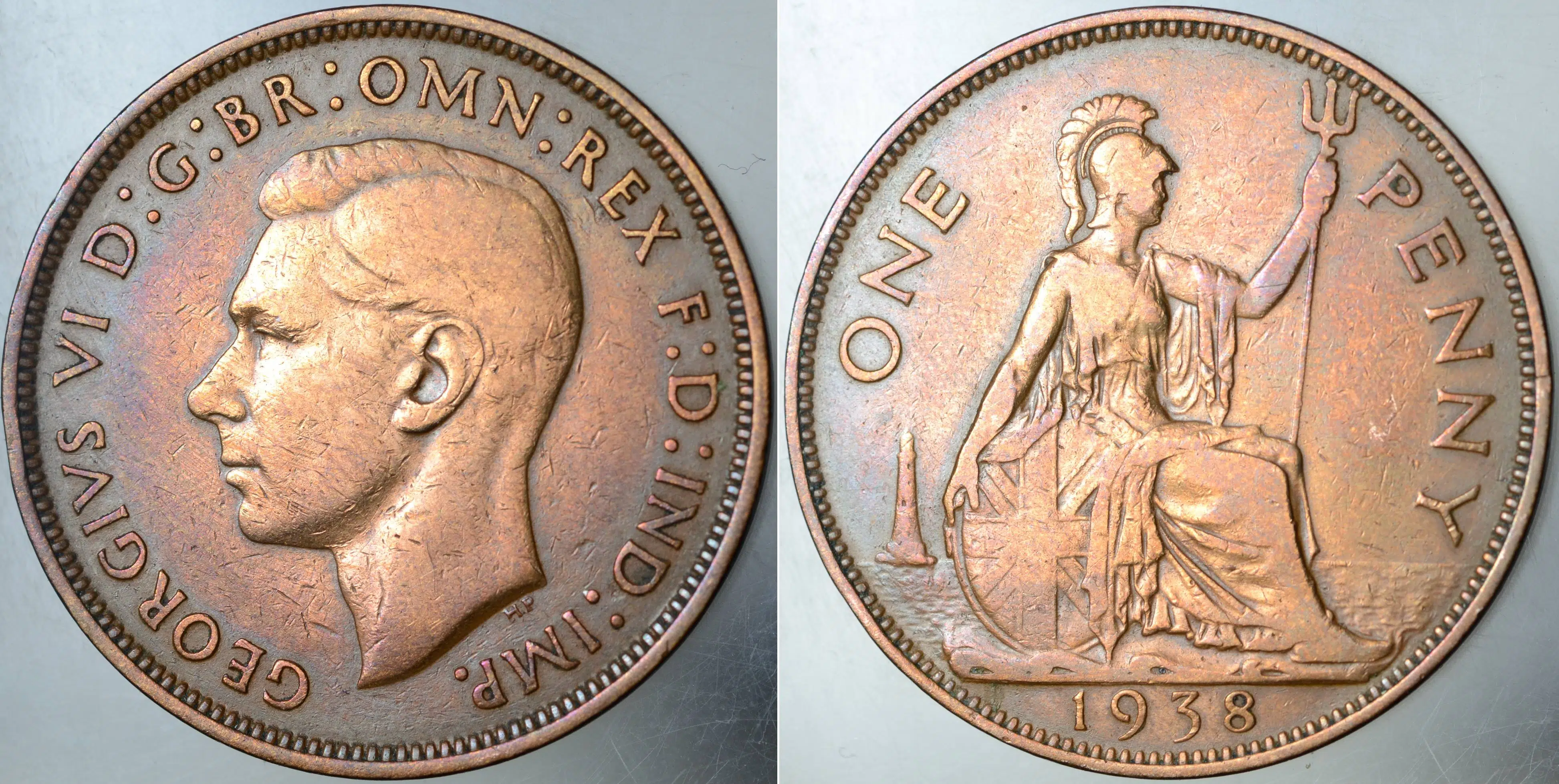 BİRLEŞİK KRALLIK 1 PENNY 1938 KRAL 6. GEORGE DÖNEMİ (KRALİÇE II. ELİZABETH'İN BABASI). 31 mm.